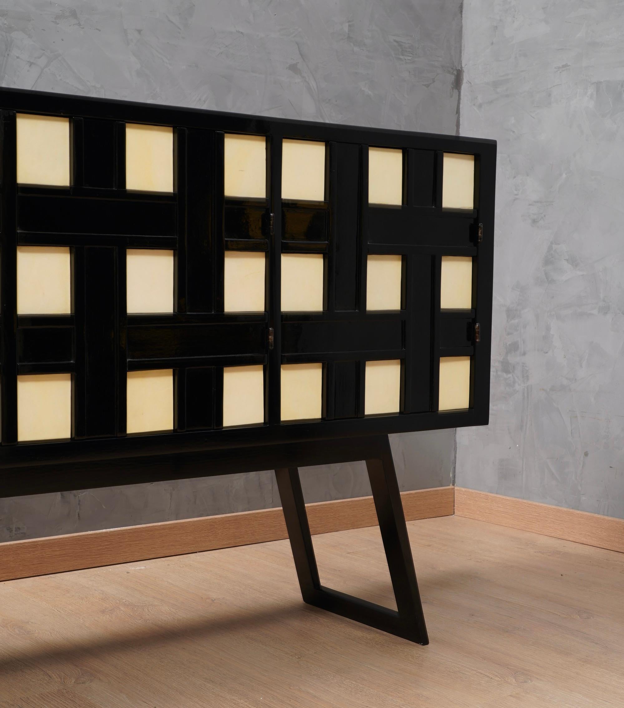 MidCentury Goatskin and Black Lacquer Italian Sideboard, 1970 1