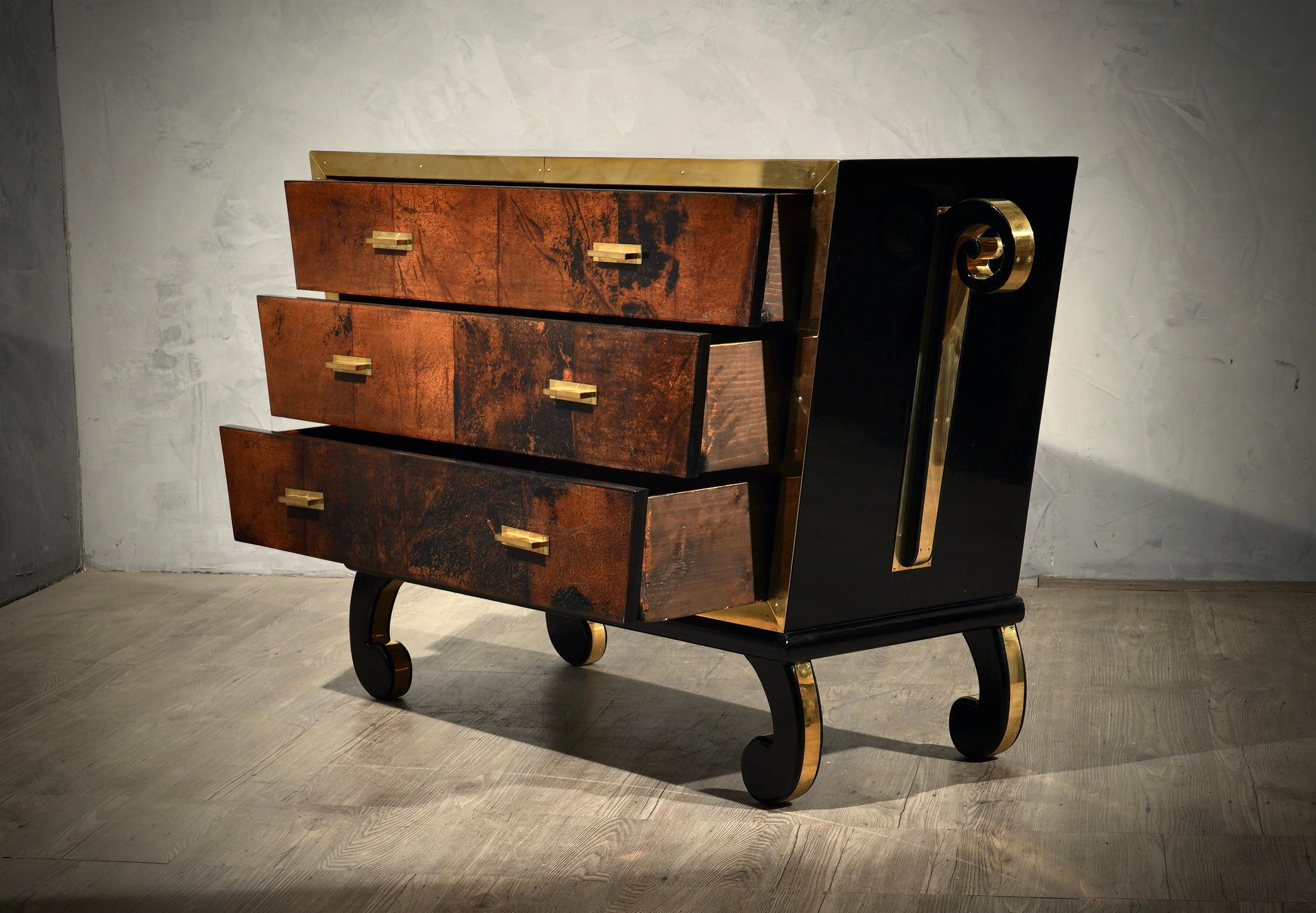 Mid-20th Century Aldo Tura Goatskin and Brass Italian Commode and Chests of Drawers, 1950 For Sale