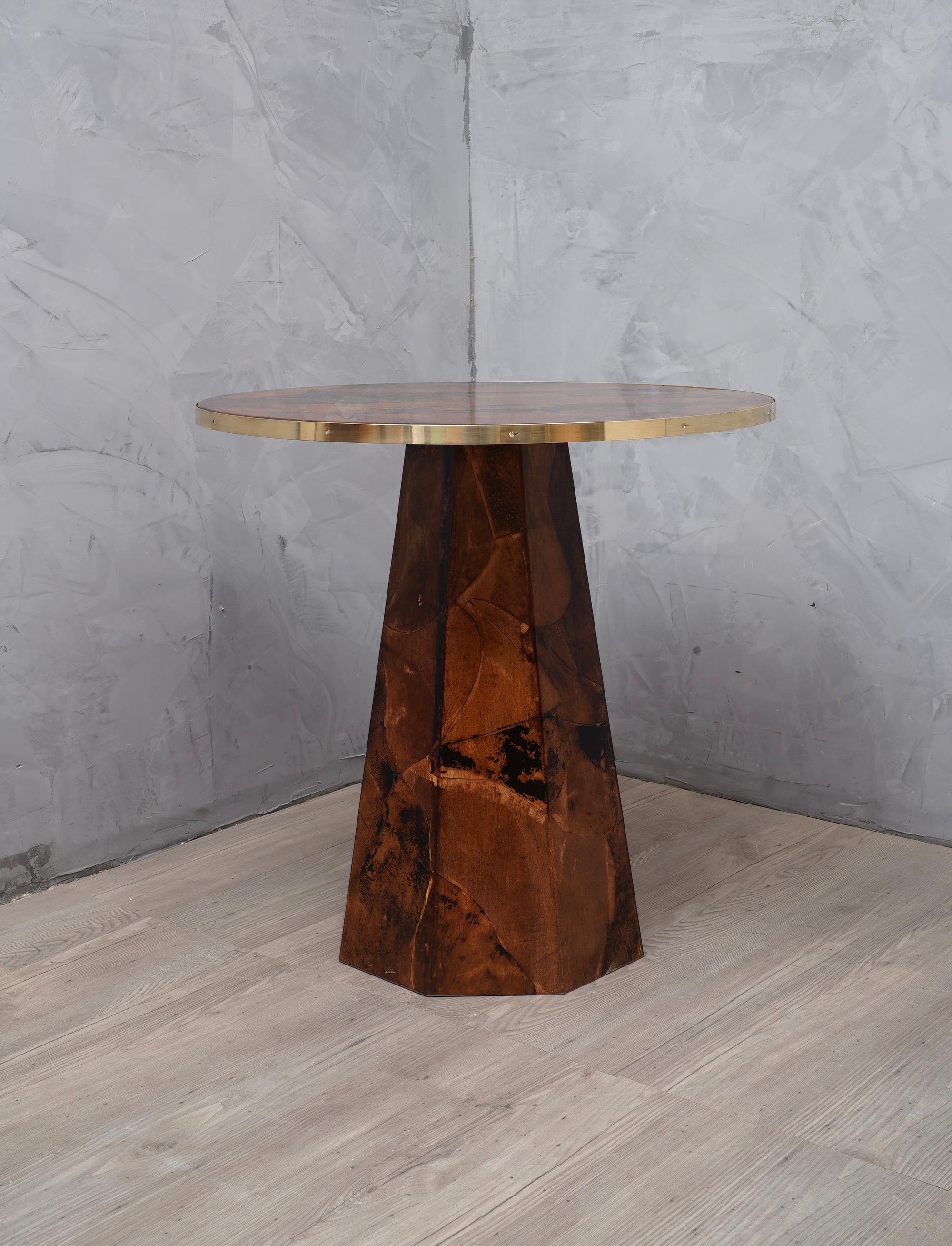 Midcentury Goatskin and Brass Side Table, 1970 In Good Condition In Rome, IT