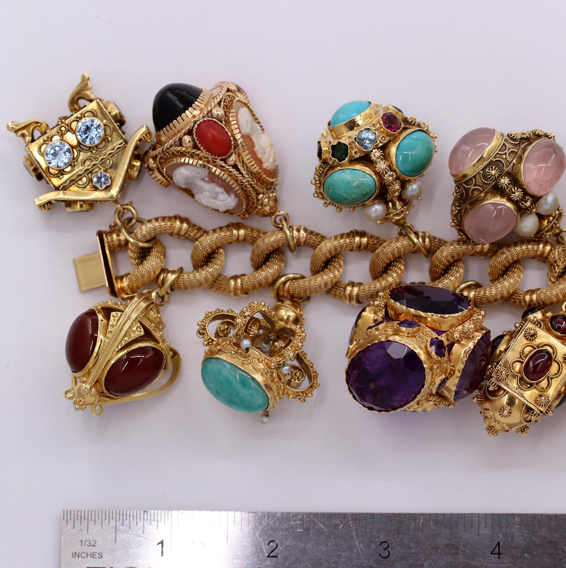 Midcentury Gold and Gemstone Fob Style Etruscan Revival Charm Bracelet 3
