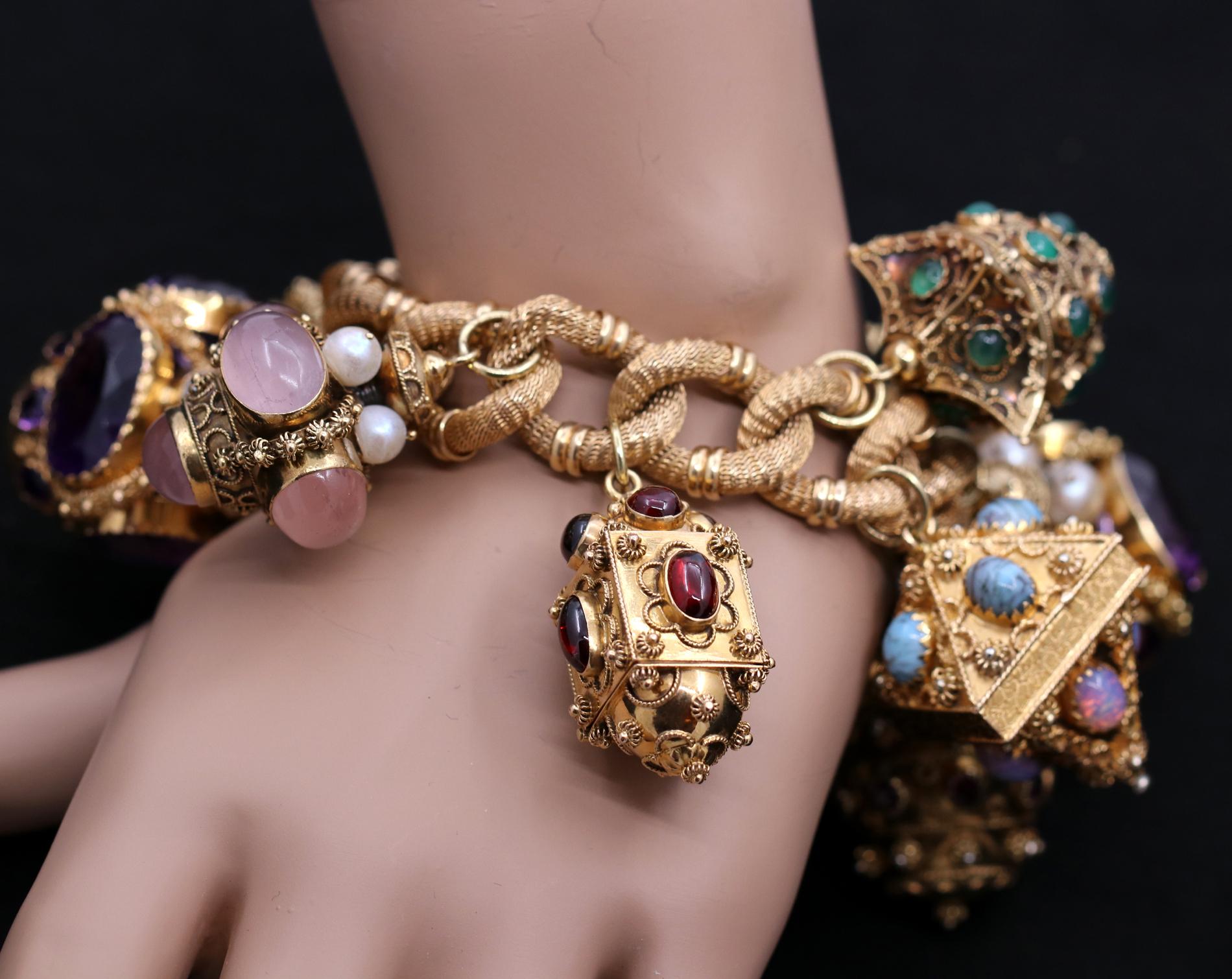 Midcentury Gold and Gemstone Fob Style Etruscan Revival Charm Bracelet ...