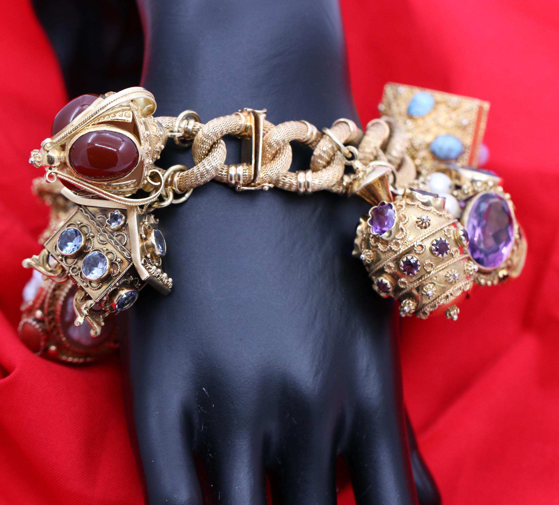 Midcentury Gold and Gemstone Fob Style Etruscan Revival Charm Bracelet In Good Condition In Palm Beach, FL