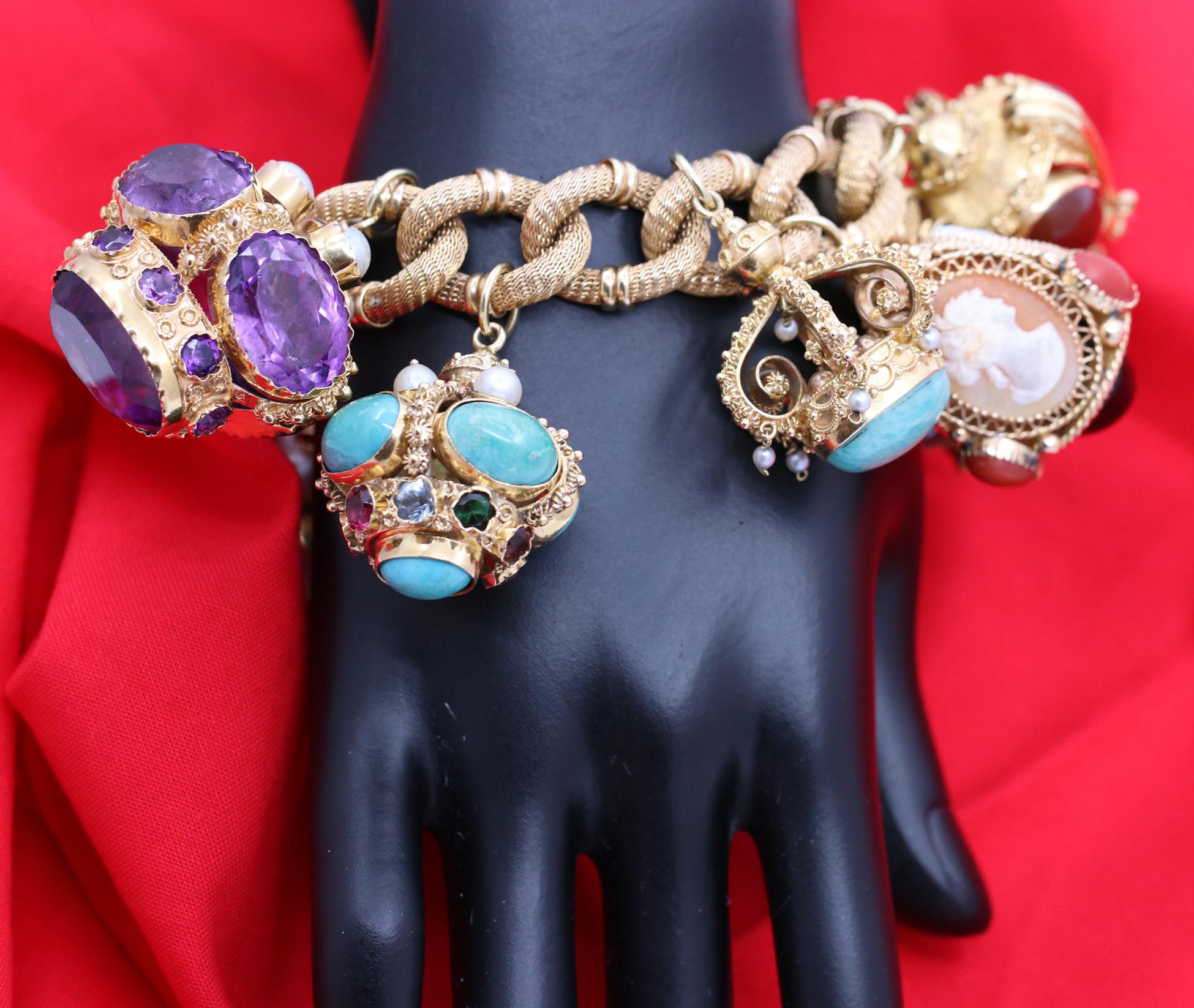 Women's Midcentury Gold and Gemstone Fob Style Etruscan Revival Charm Bracelet