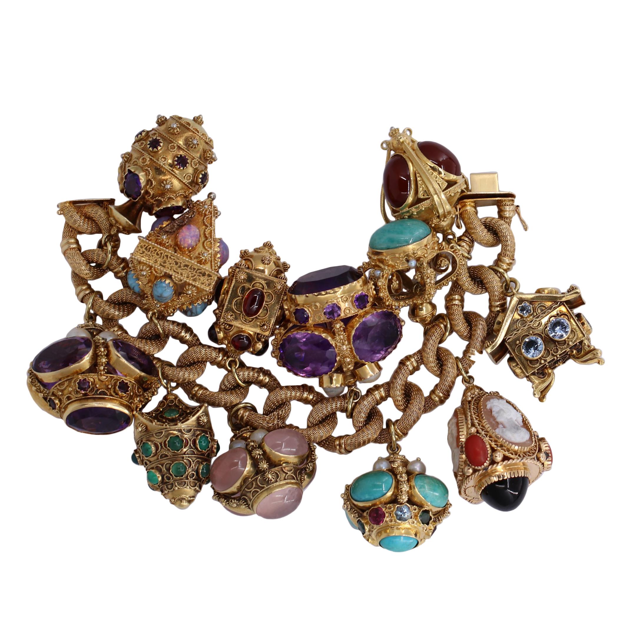 Midcentury Gold and Gemstone Fob Style Etruscan Revival Charm Bracelet