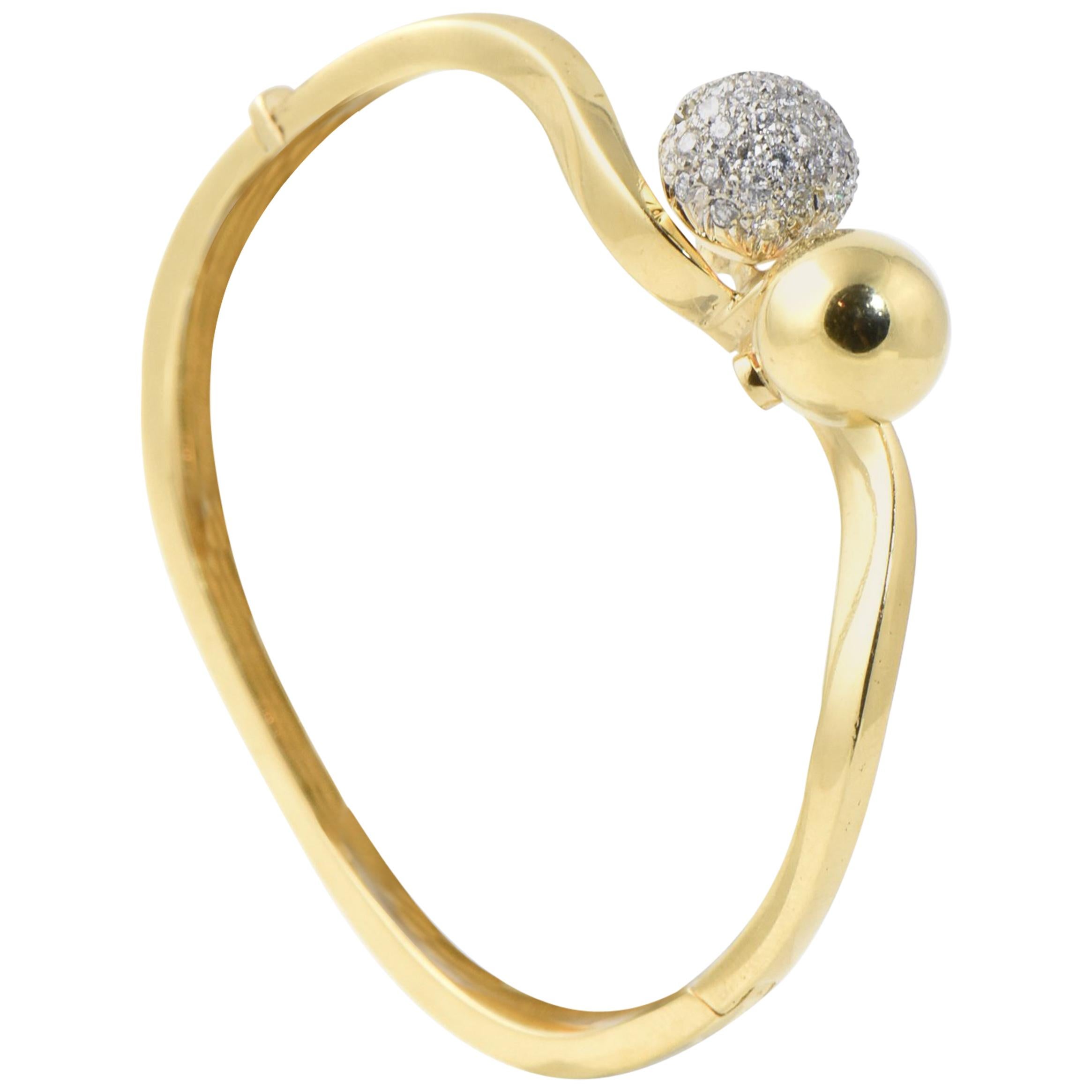 Midcentury Gold and Pave Diamond Bypass Ball Bangle Bracelet For Sale