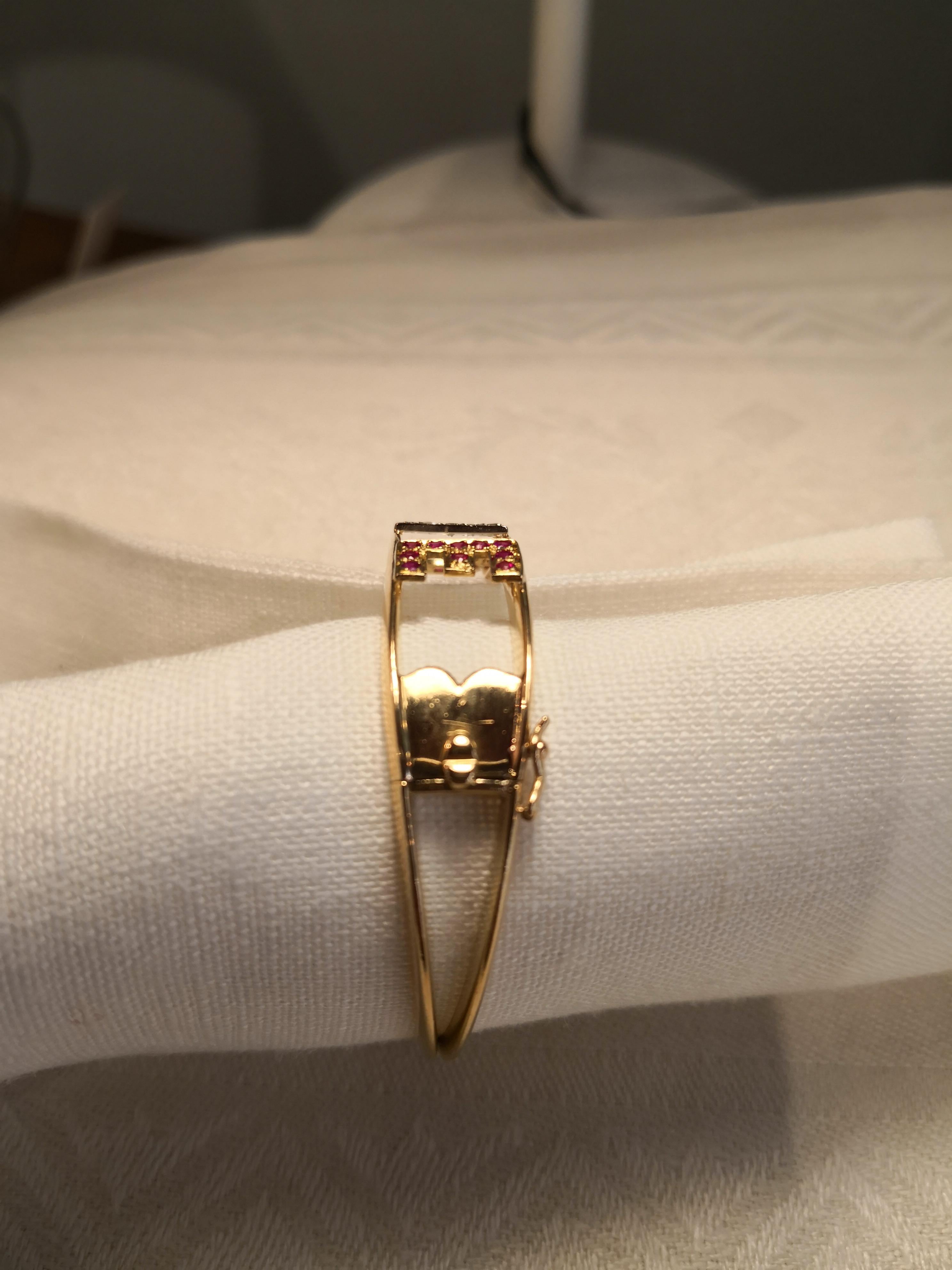 Mid-Century Modern Midcentury Gold Bracelet Love with Diamonds and Rubis Handmade from Italy