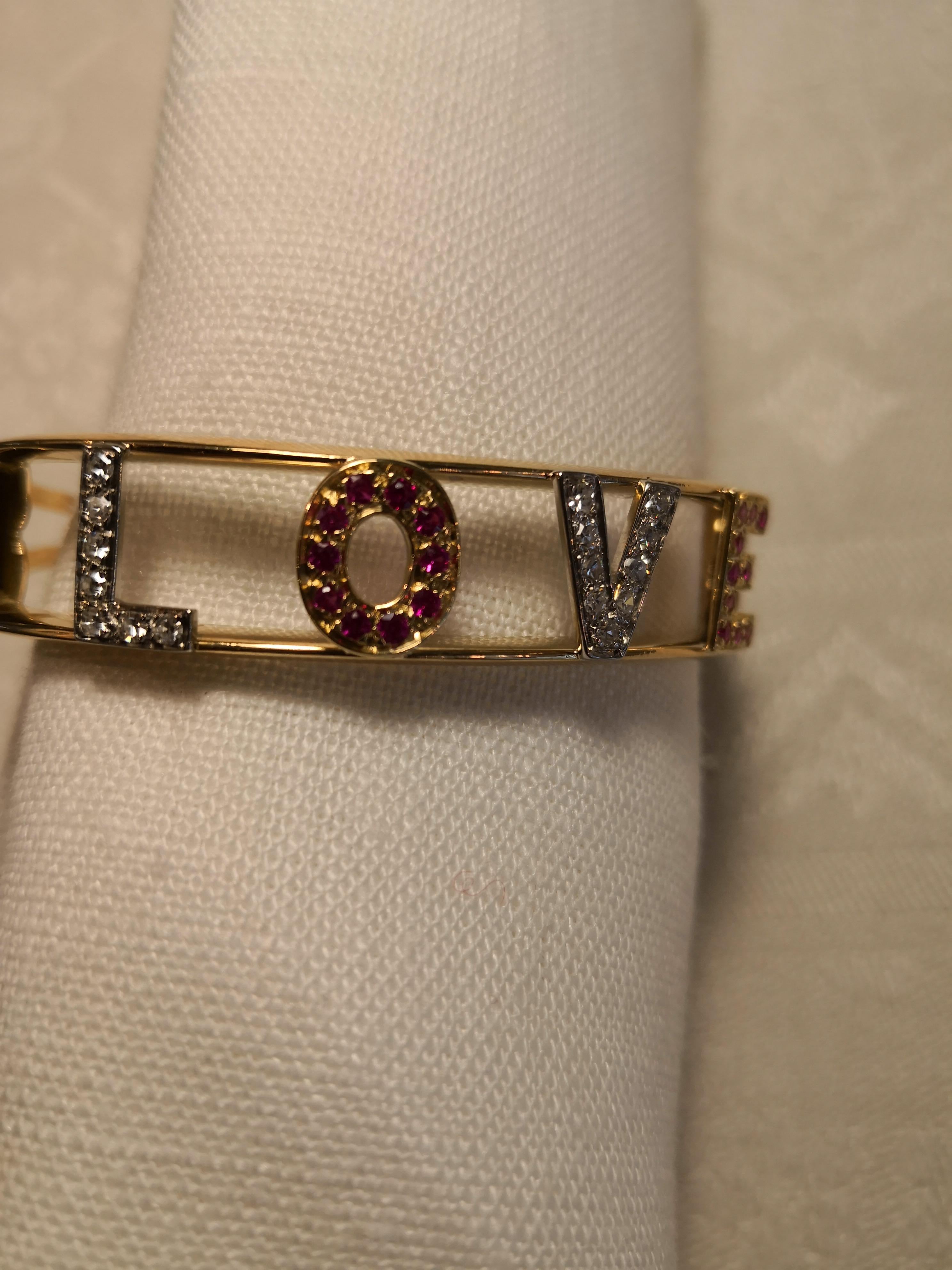 Hand-Crafted Midcentury Gold Bracelet Love with Diamonds and Rubis Handmade from Italy