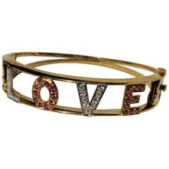 Midcentury Gold Bracelet Love with Diamonds and Rubis Handmade from Italy