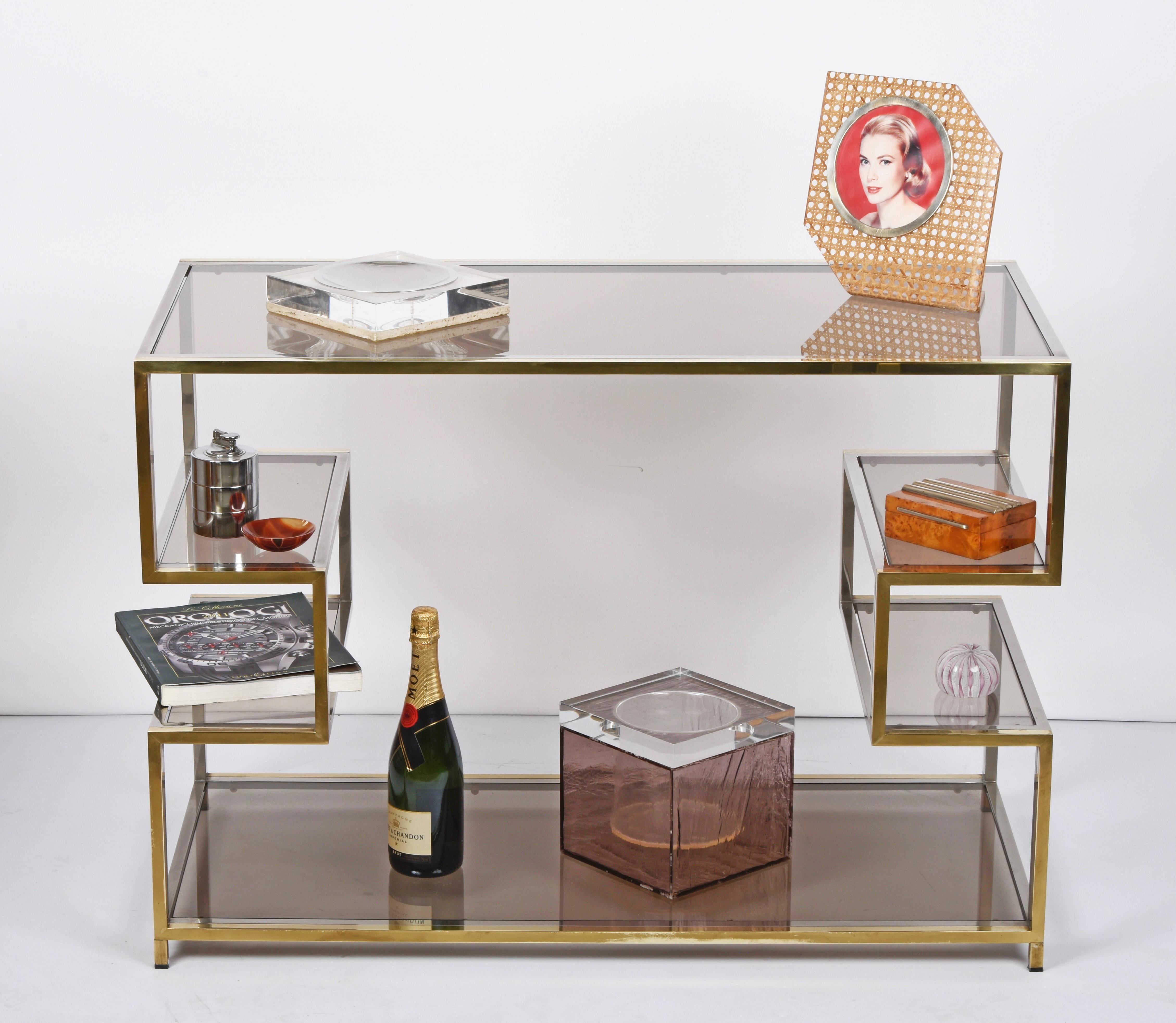 Midcentury Gold Brass and Glass Italian Console Table in Romeo Rega Style, 1970s For Sale 4