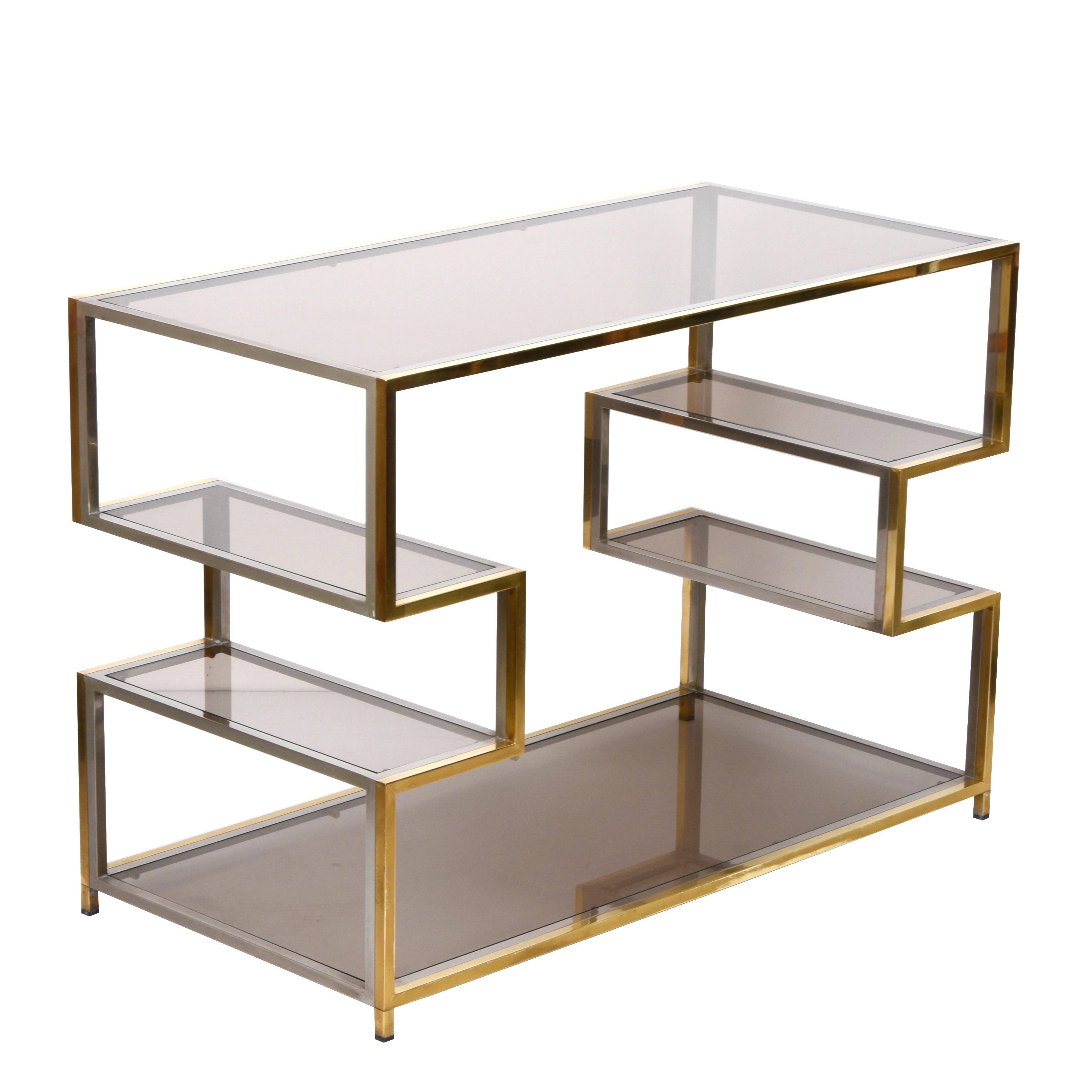 Mid-Century Modern Midcentury Gold Brass and Glass Italian Console Table in Romeo Rega Style, 1970s For Sale
