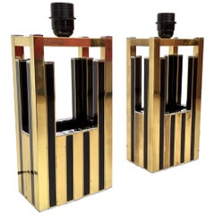 Midcentury Gold Brass Black Emanel Pair of Table Lamps by BD Lumica, 1970s