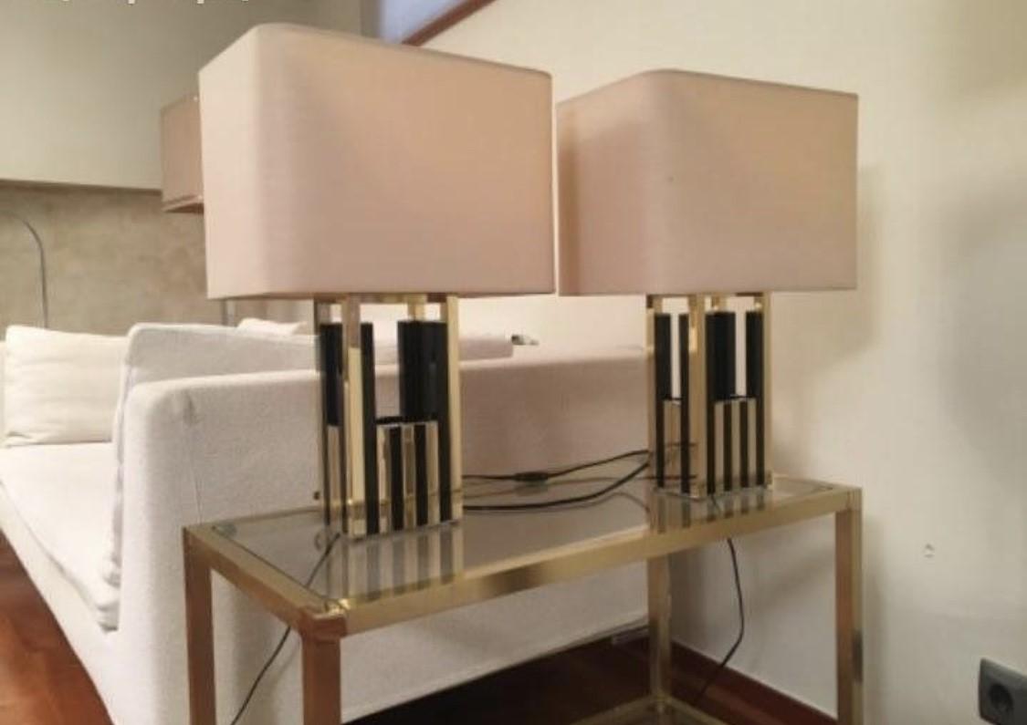 Late 20th Century Midcentury Gold Brass Black Emanel Pair of Table Lamps by Willy Rizzo, 1970s