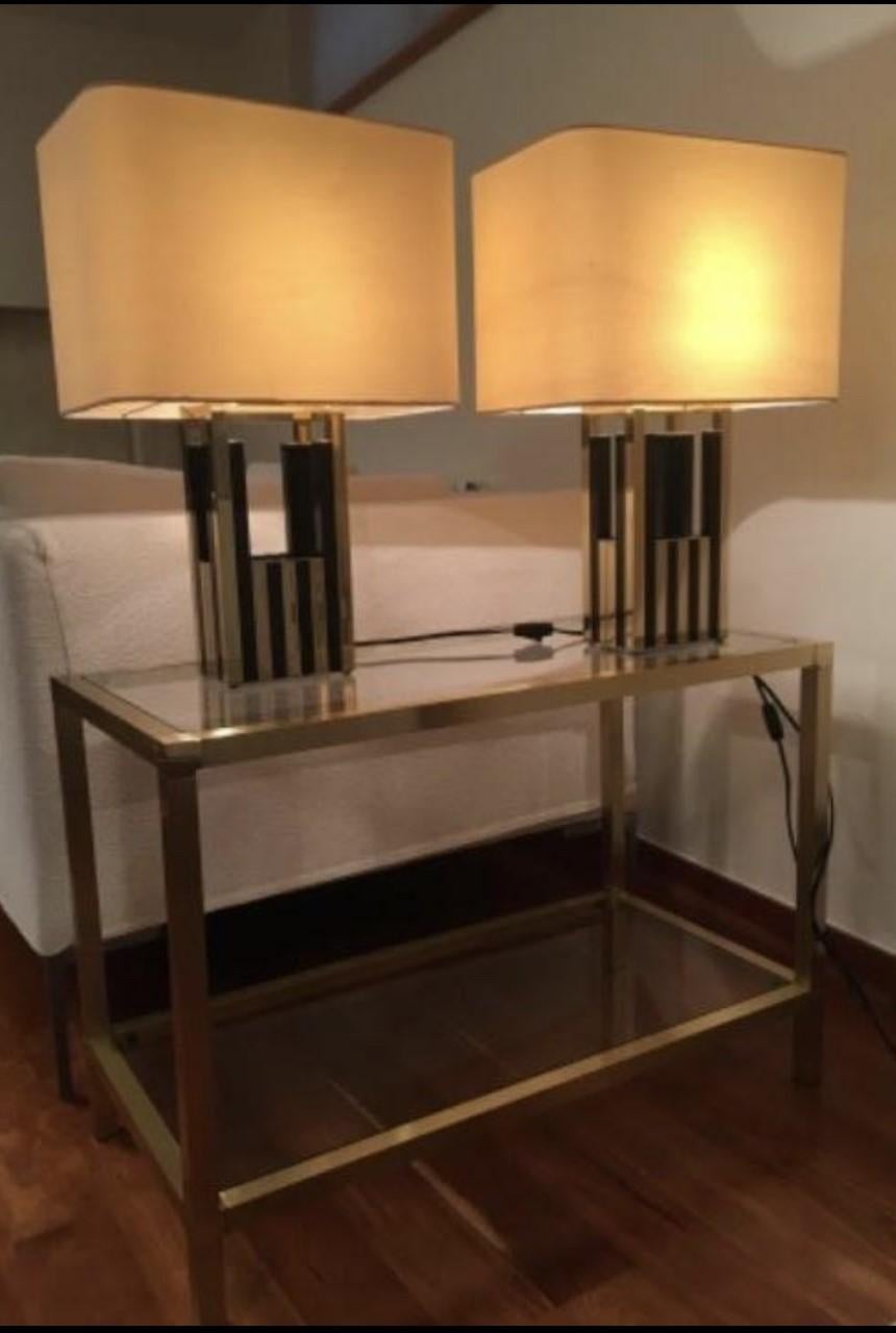 Midcentury Gold Brass Black Emanel Pair of Table Lamps by Willy Rizzo, 1970s 2