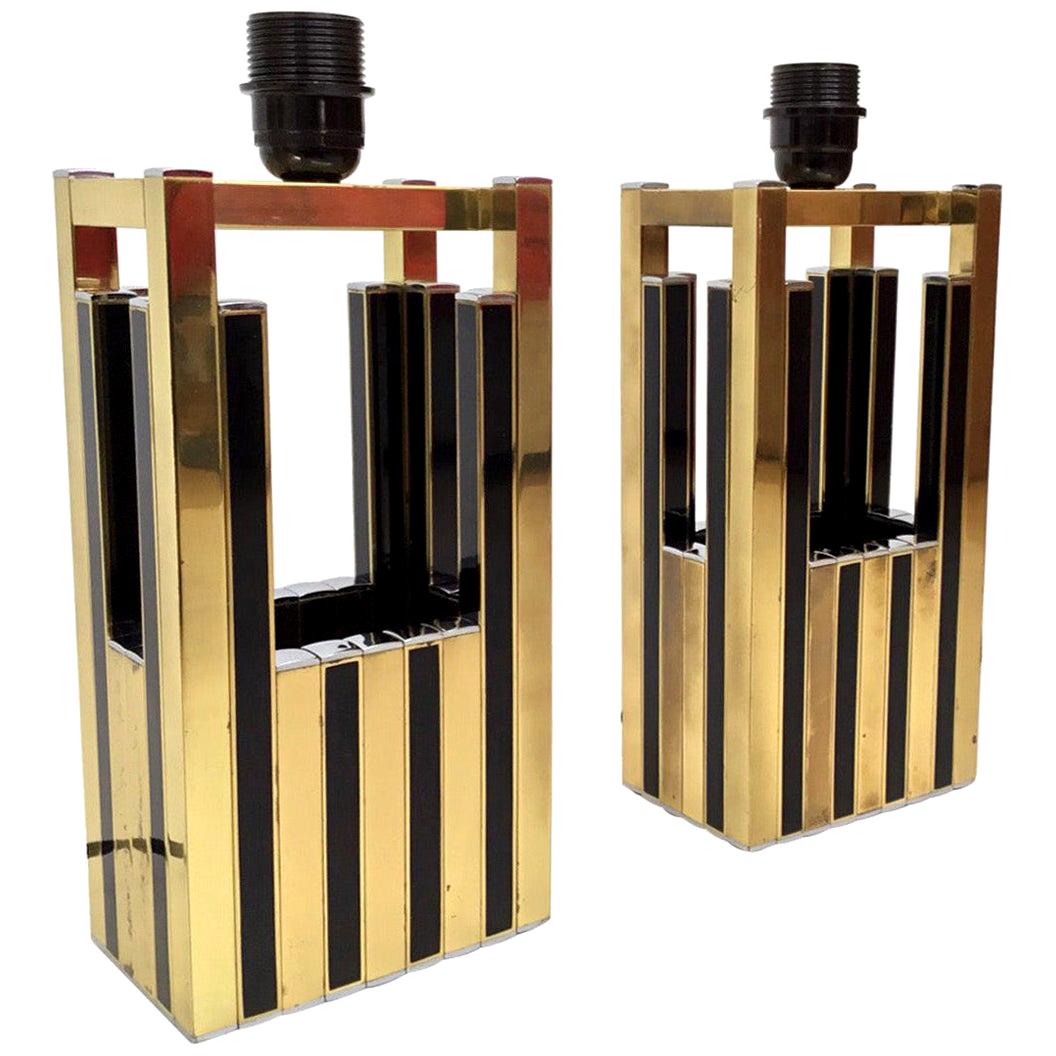 Midcentury Gold Brass Black Emanel Pair of Table Lamps by Willy Rizzo, 1970s