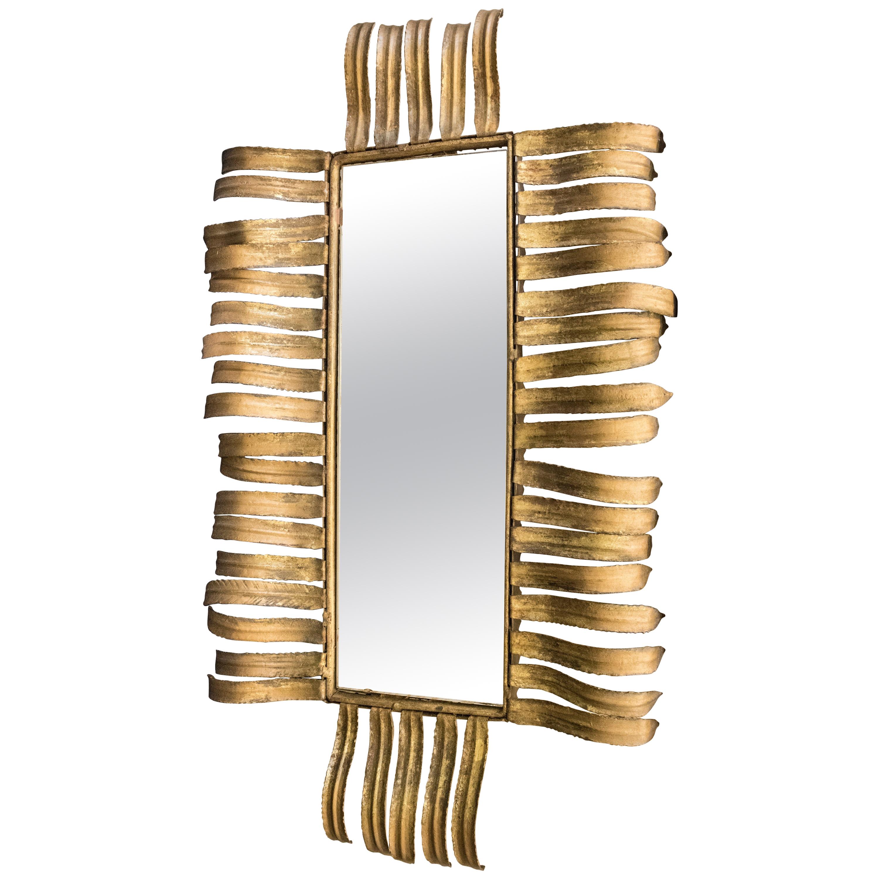 Midcentury Gold Brass Joaquin Rubio Camin Spanish Mirror Sculpture Signed, 1970s