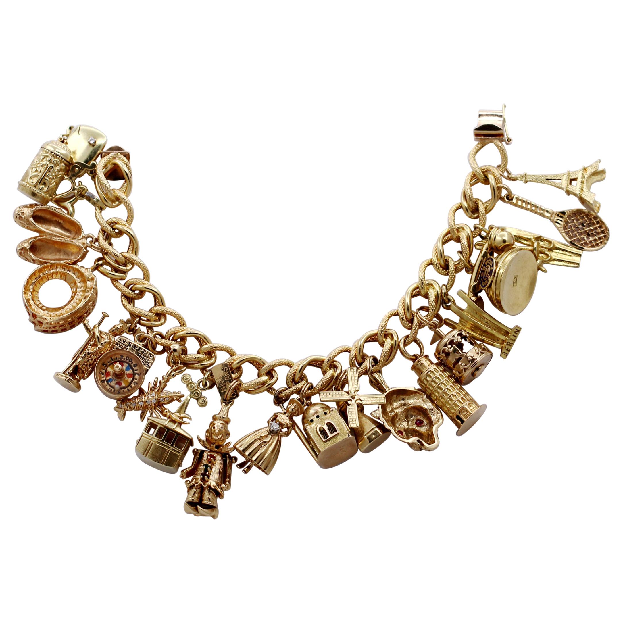 Midcentury Gold Charm Bracelet with 20 Travel Themed Charms