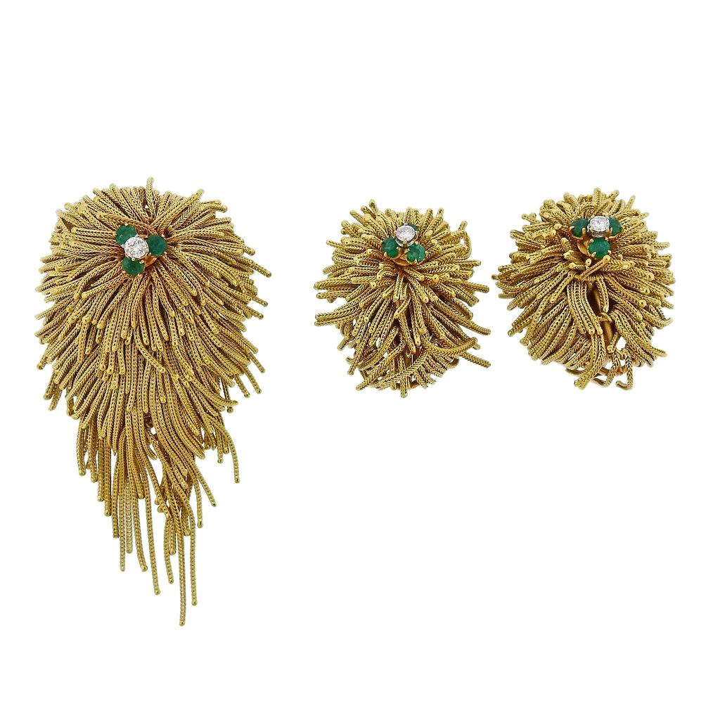 Midcentury Gold Diamond Emerald Ruby Sapphire Brooch Earrings Set