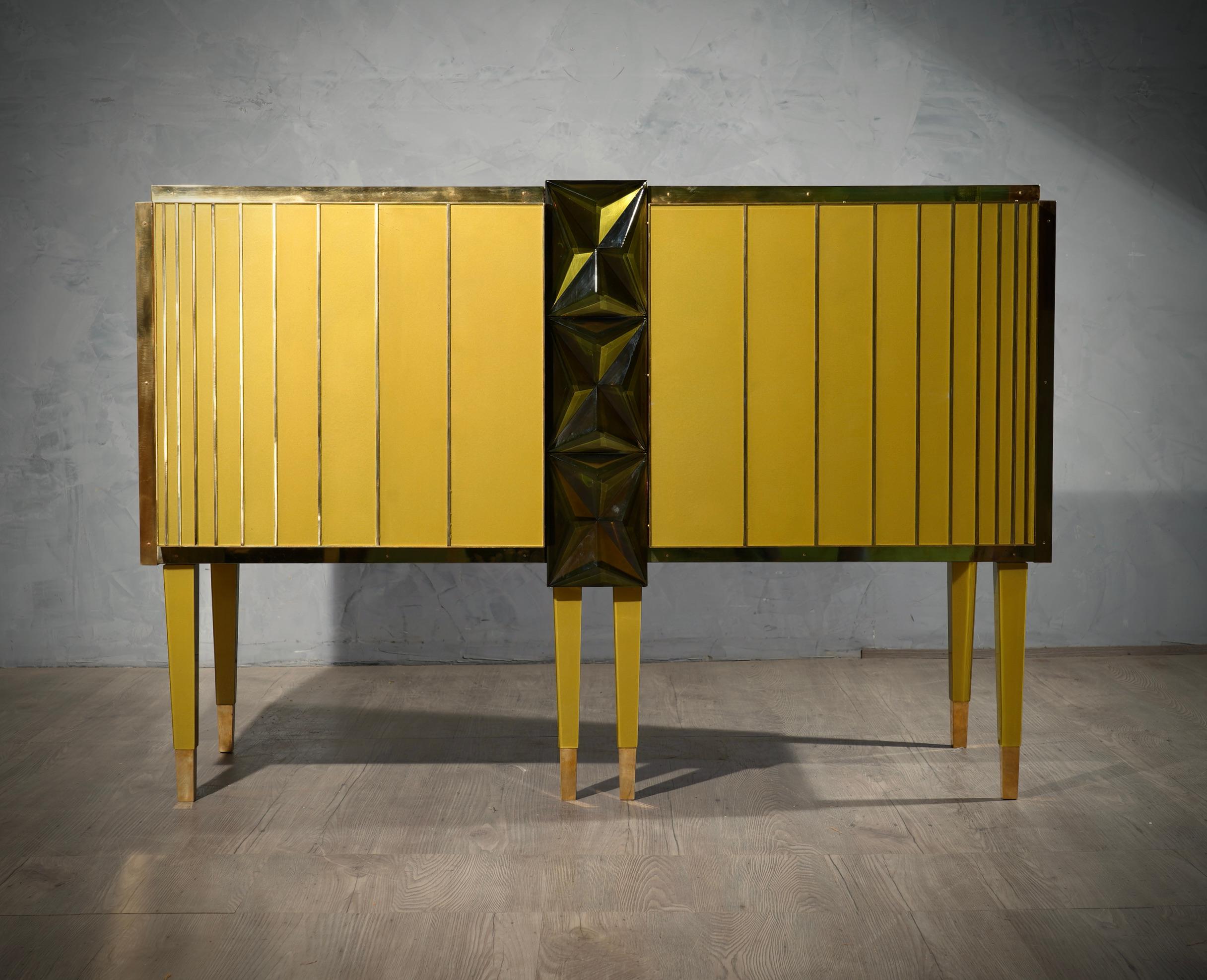 Midcentury Gold/Green Color Glass and Brass Sideboards, 2021 4