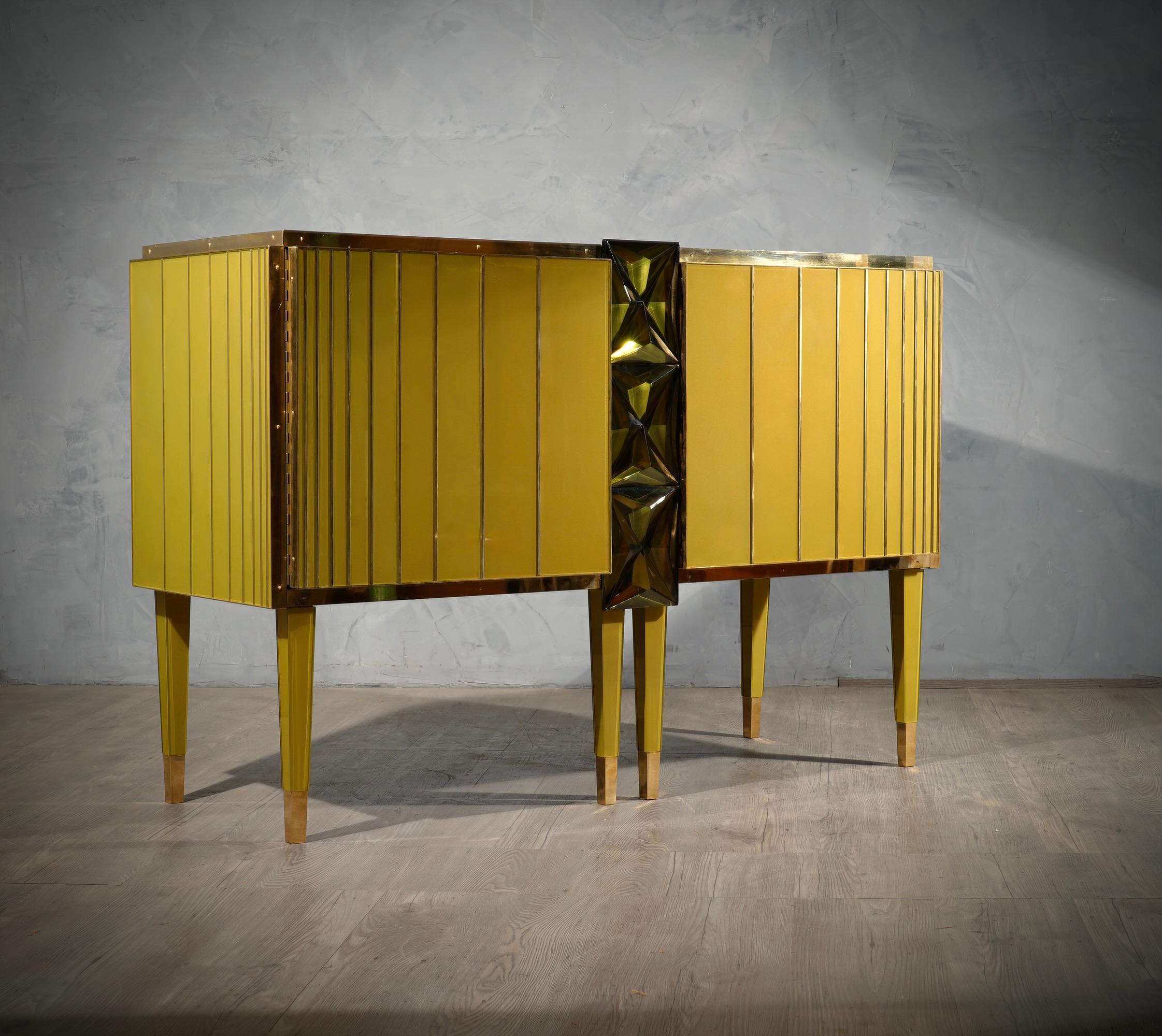 Midcentury Gold/Green Color Glass and Brass Sideboards, 2021 5