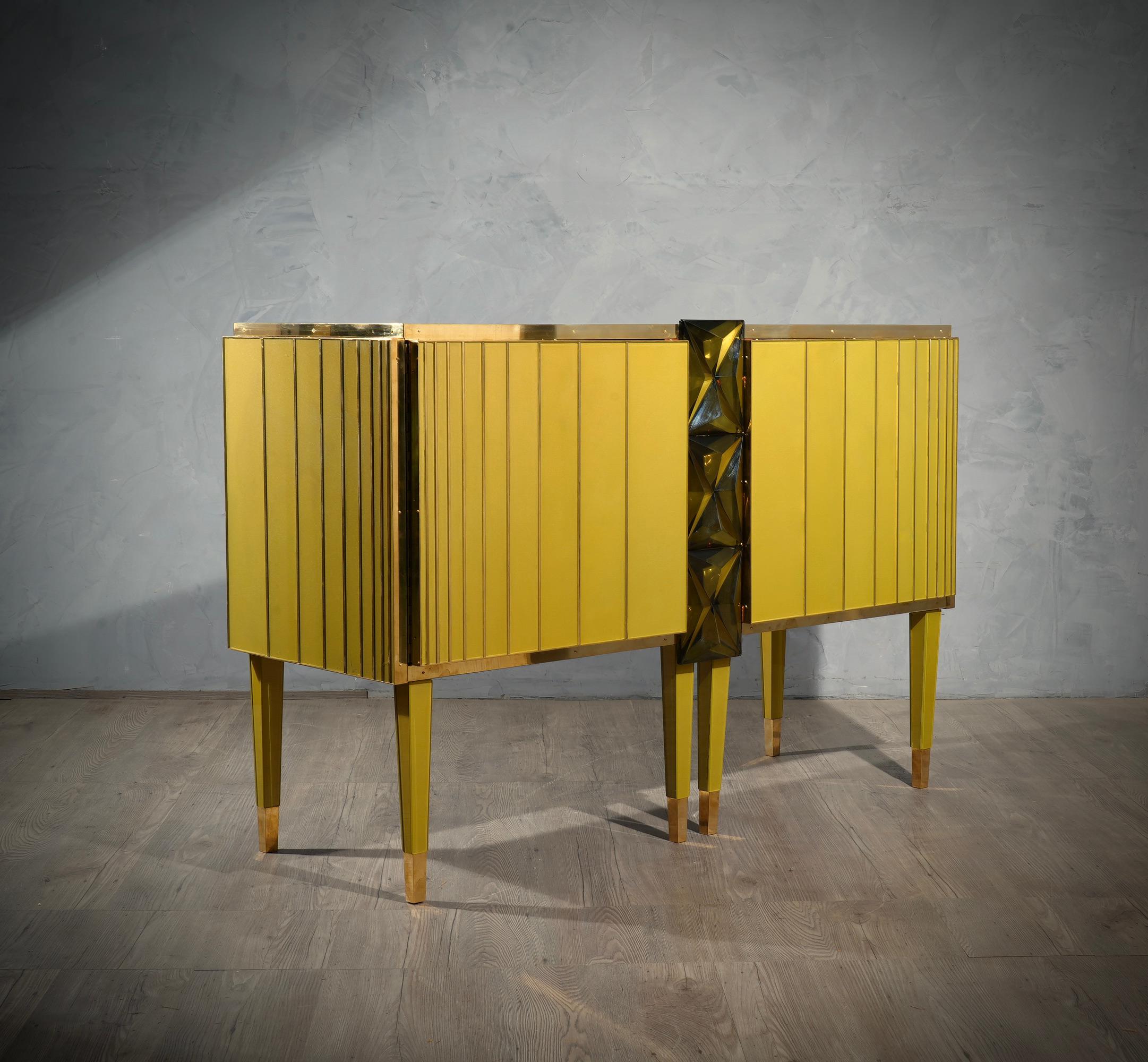 Italian Midcentury Gold/Green Color Glass and Brass Sideboards, 2021