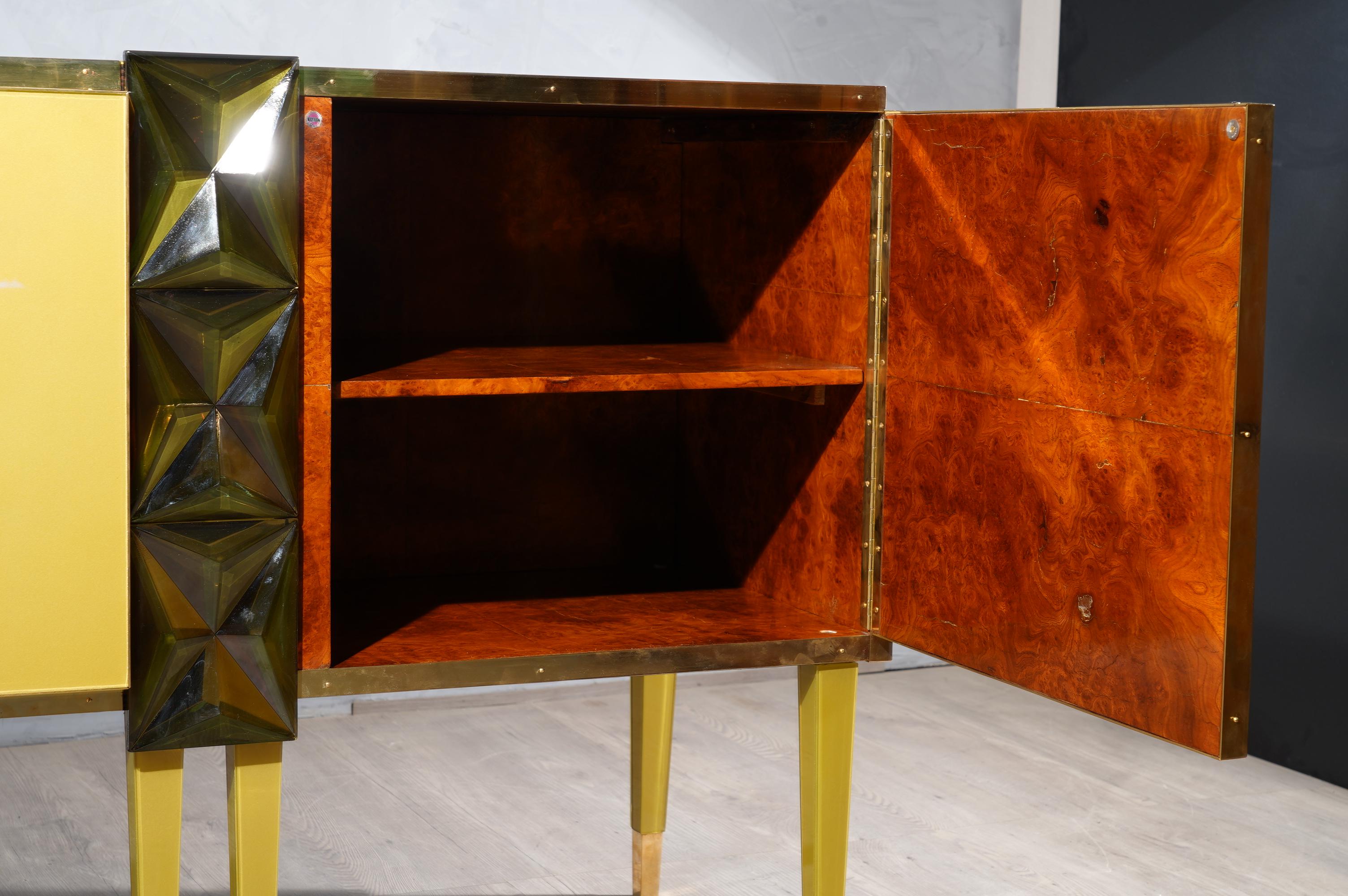 Contemporary Midcentury Gold/Green Color Glass and Brass Sideboards, 2021
