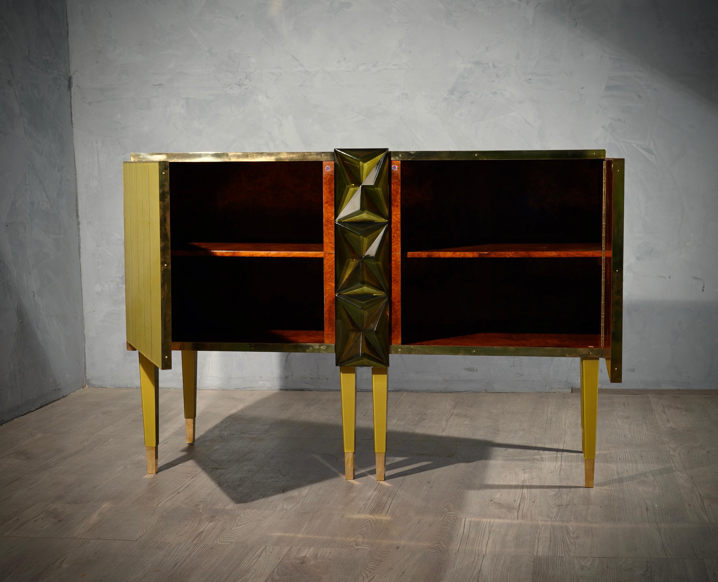Midcentury Gold/Green Color Glass and Brass Sideboards, 2021 2