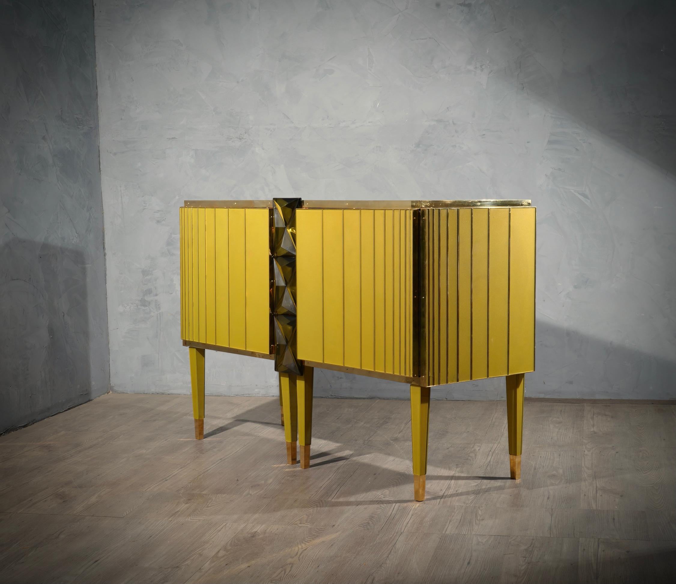Midcentury Gold/Green Color Glass and Brass Sideboards, 2021 3