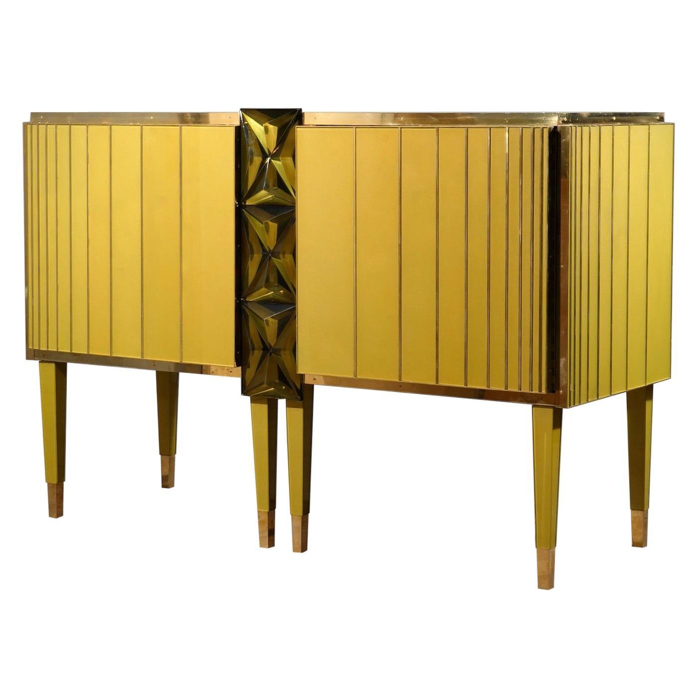 Midcentury Gold/Green Color Glass and Brass Sideboards, 2021