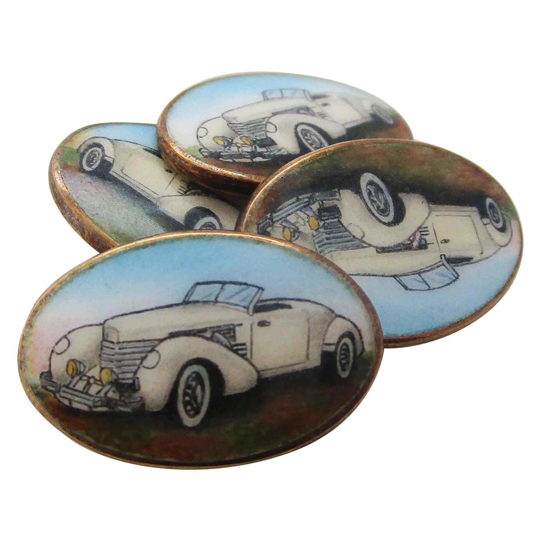 Midcentury Gold over Sterling Hand Painted Dusenberg Cufflinks For Sale