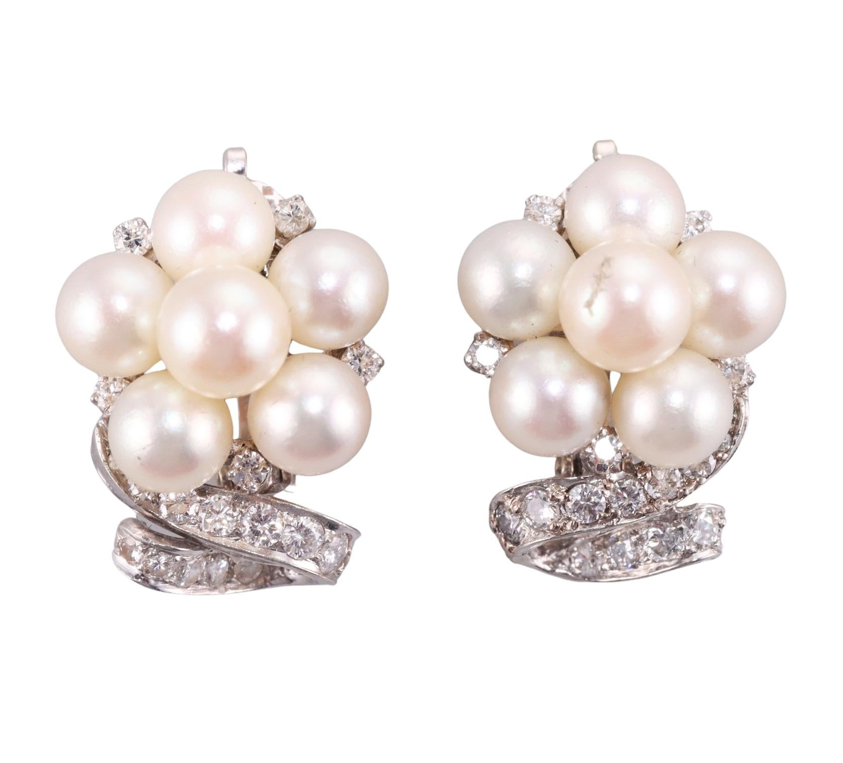 Round Cut Midcentury Gold Pearl Diamond Cocktail Earrings For Sale