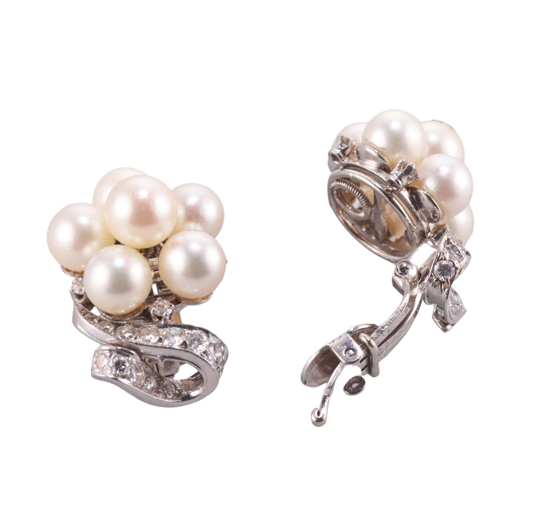 Midcentury Gold Pearl Diamond Cocktail Earrings In Excellent Condition For Sale In New York, NY