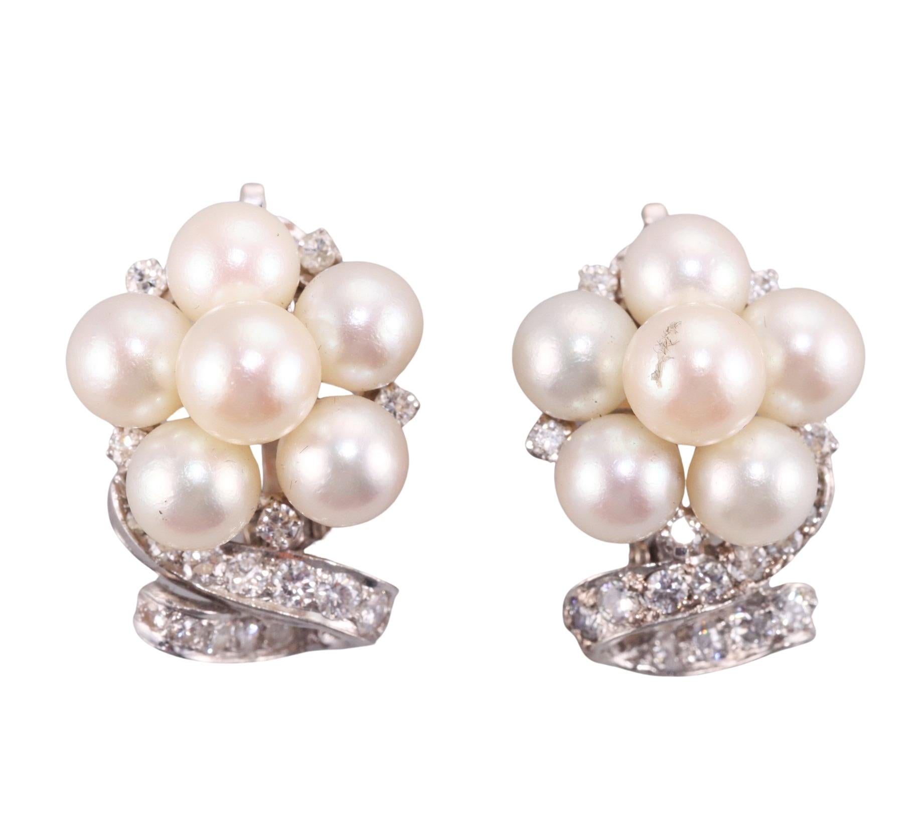 Women's Midcentury Gold Pearl Diamond Cocktail Earrings For Sale