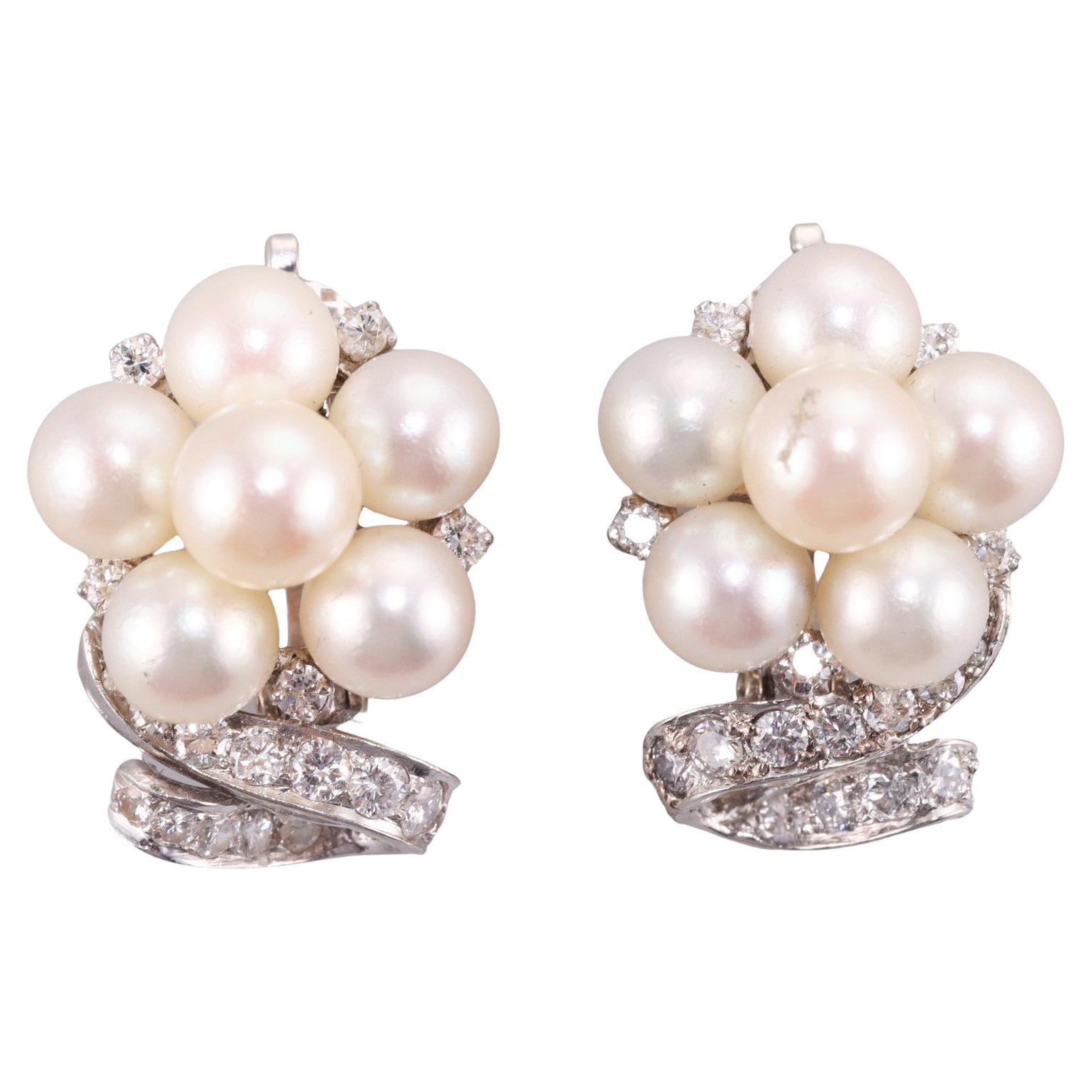 Midcentury Gold Pearl Diamond Cocktail Earrings For Sale