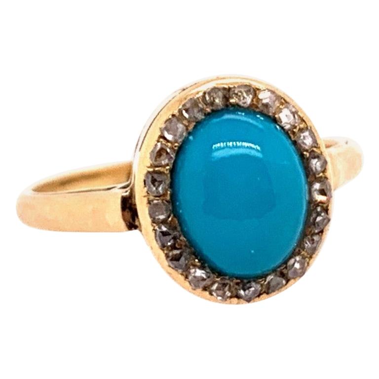 Midcentury Gold Ring Natural Persian Turquoise and Old Mine Diamond, circa 1950 For Sale