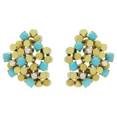 Midcentury, Gold, Turquoise and Diamond Ear Clips