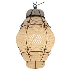 Midcentury Gold & White Caged Venetian Latticino Glass Murano Ceiling Pendant