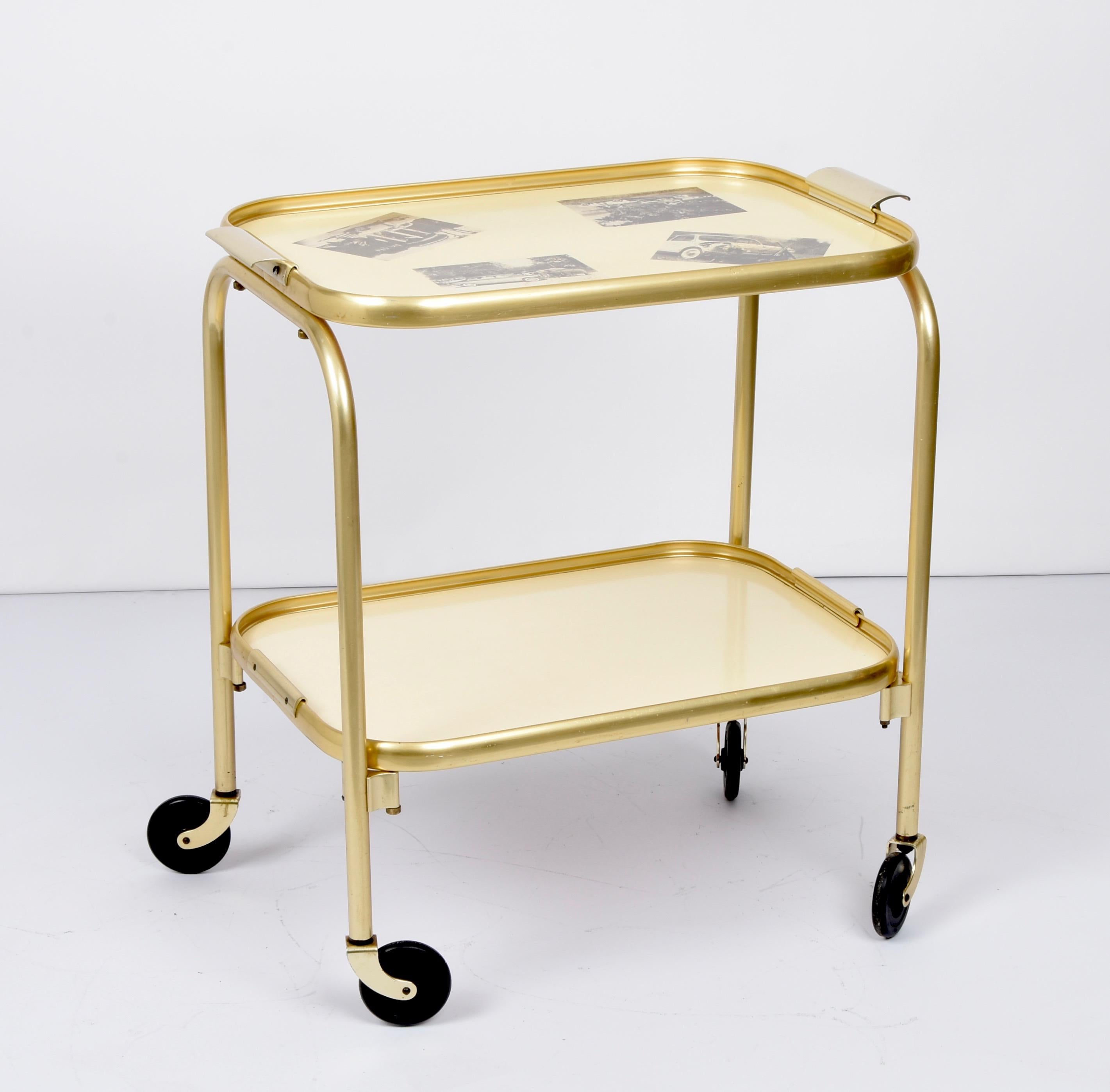 20th Century Mid-Century Golden Aluminum and Formica Italian Bar Cart with Pictures, 1950s For Sale