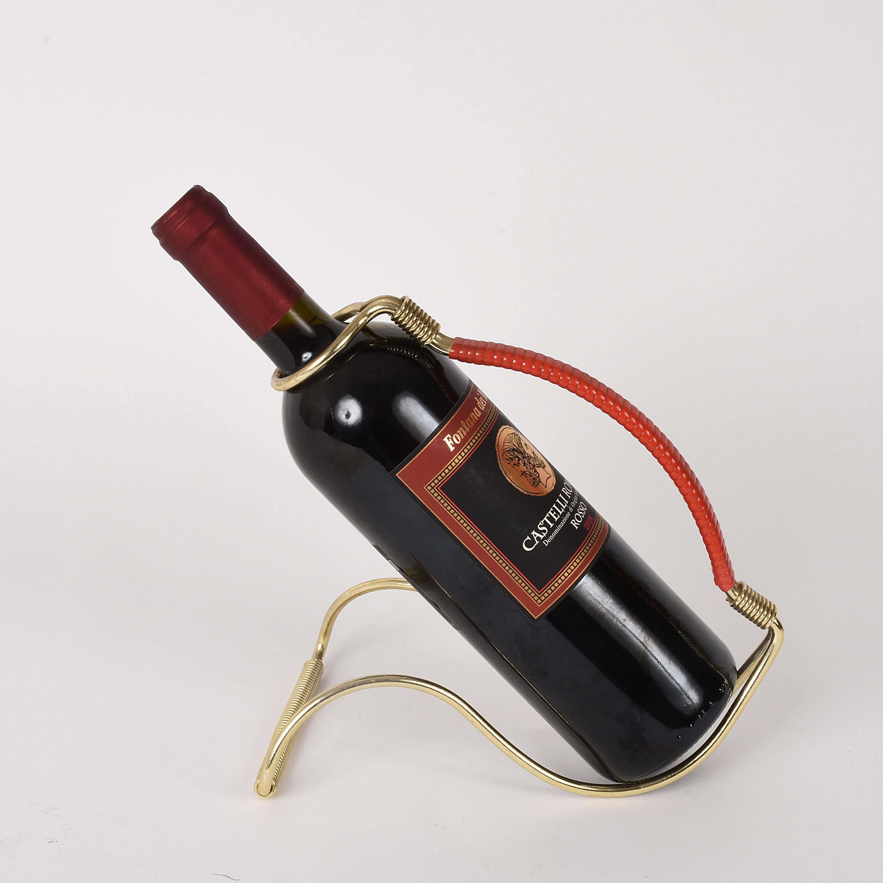 Mid-Century Modern Midcentury Golden Brass and Red Plastic Italian Wine Pourer, 1960s For Sale