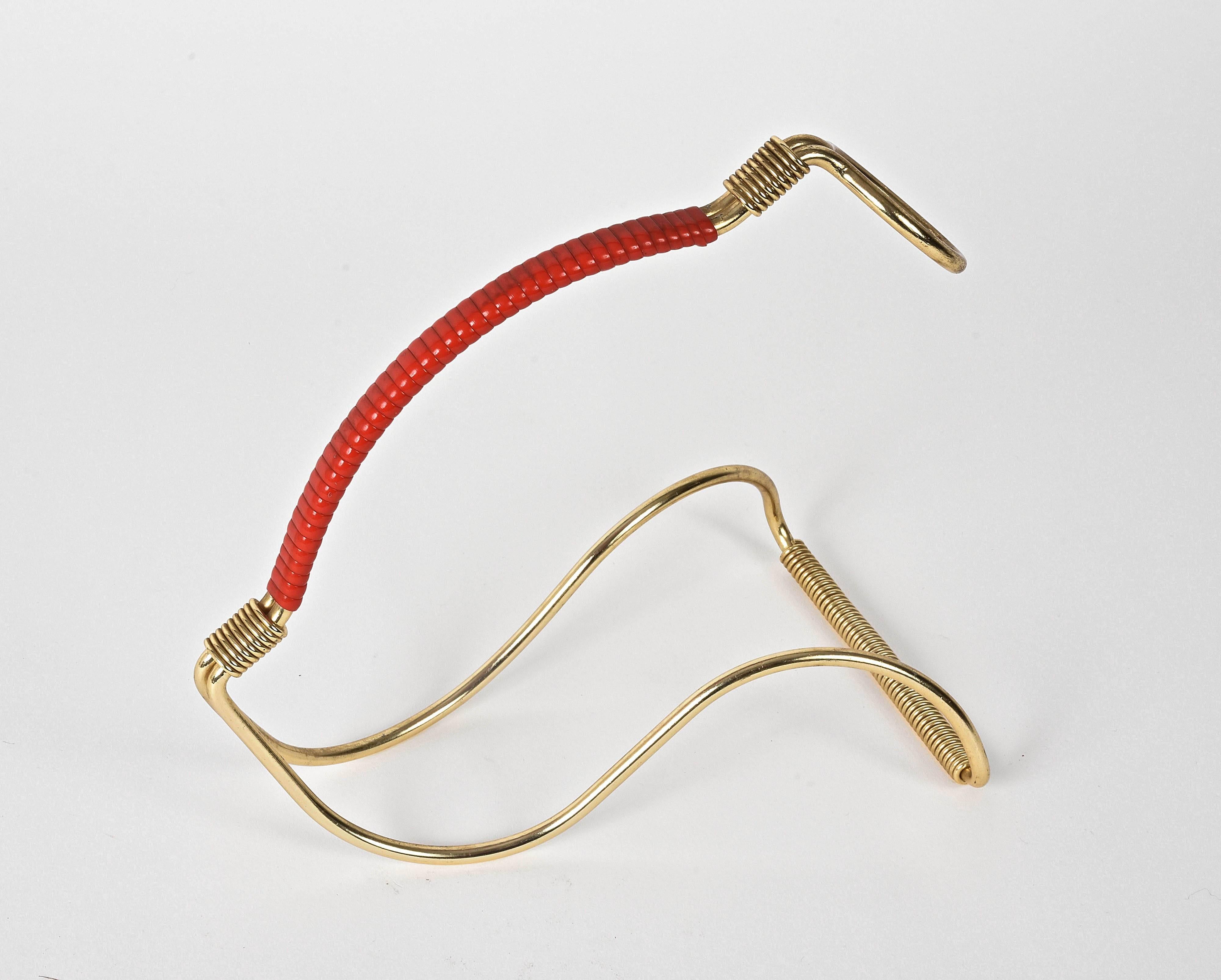 20th Century Midcentury Golden Brass and Red Plastic Italian Wine Pourer, 1960s For Sale