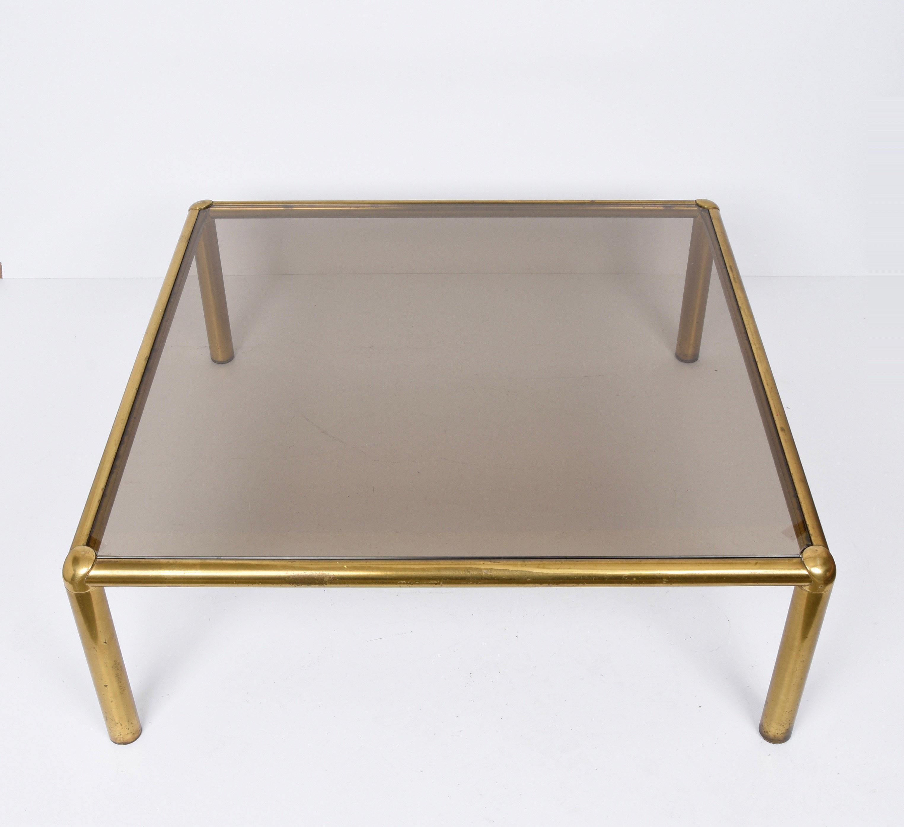 Midcentury Golden Brass and Smoked Glass Squared Italian Coffee Table, 1980s 5