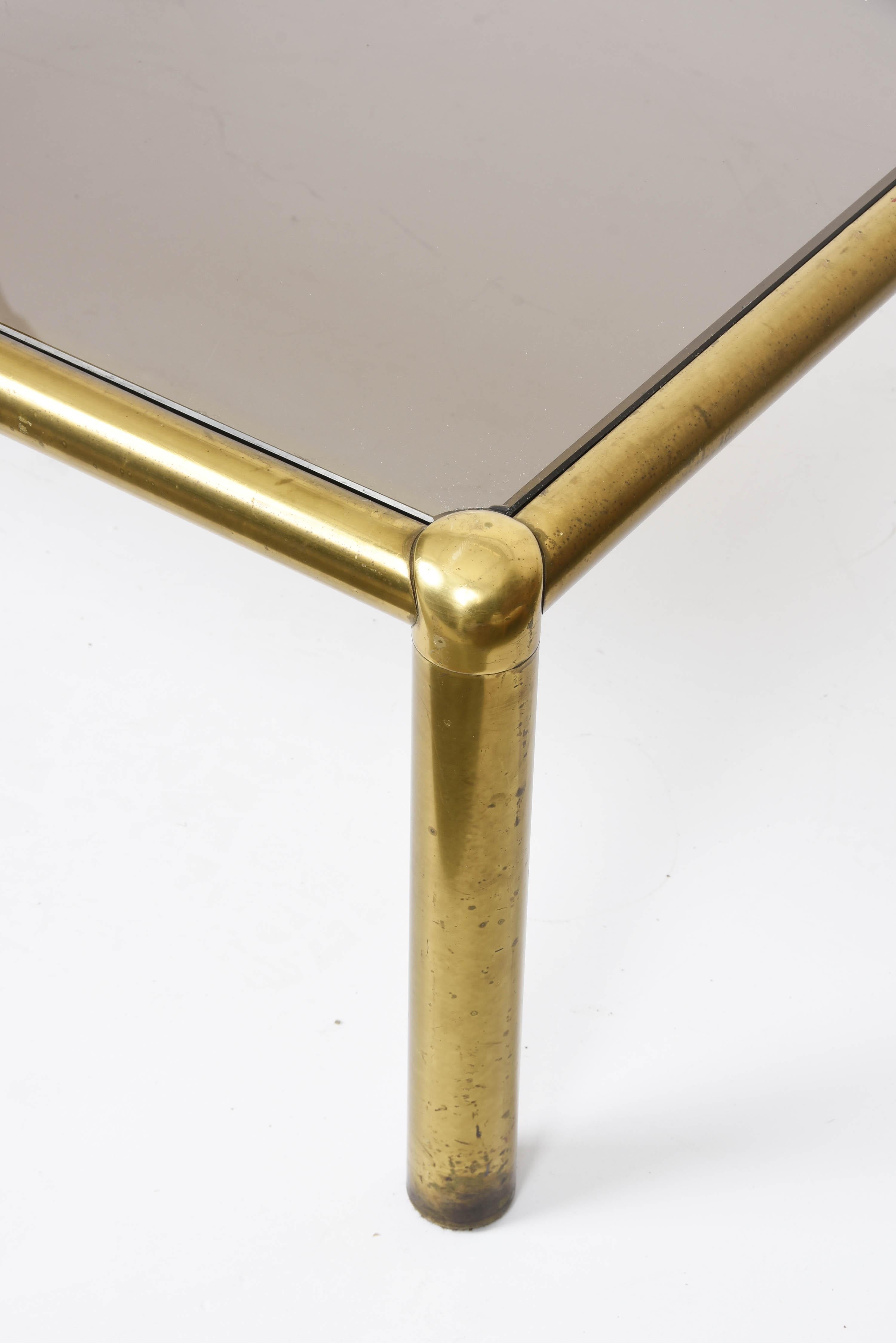 Midcentury Golden Brass and Smoked Glass Squared Italian Coffee Table, 1980s 6