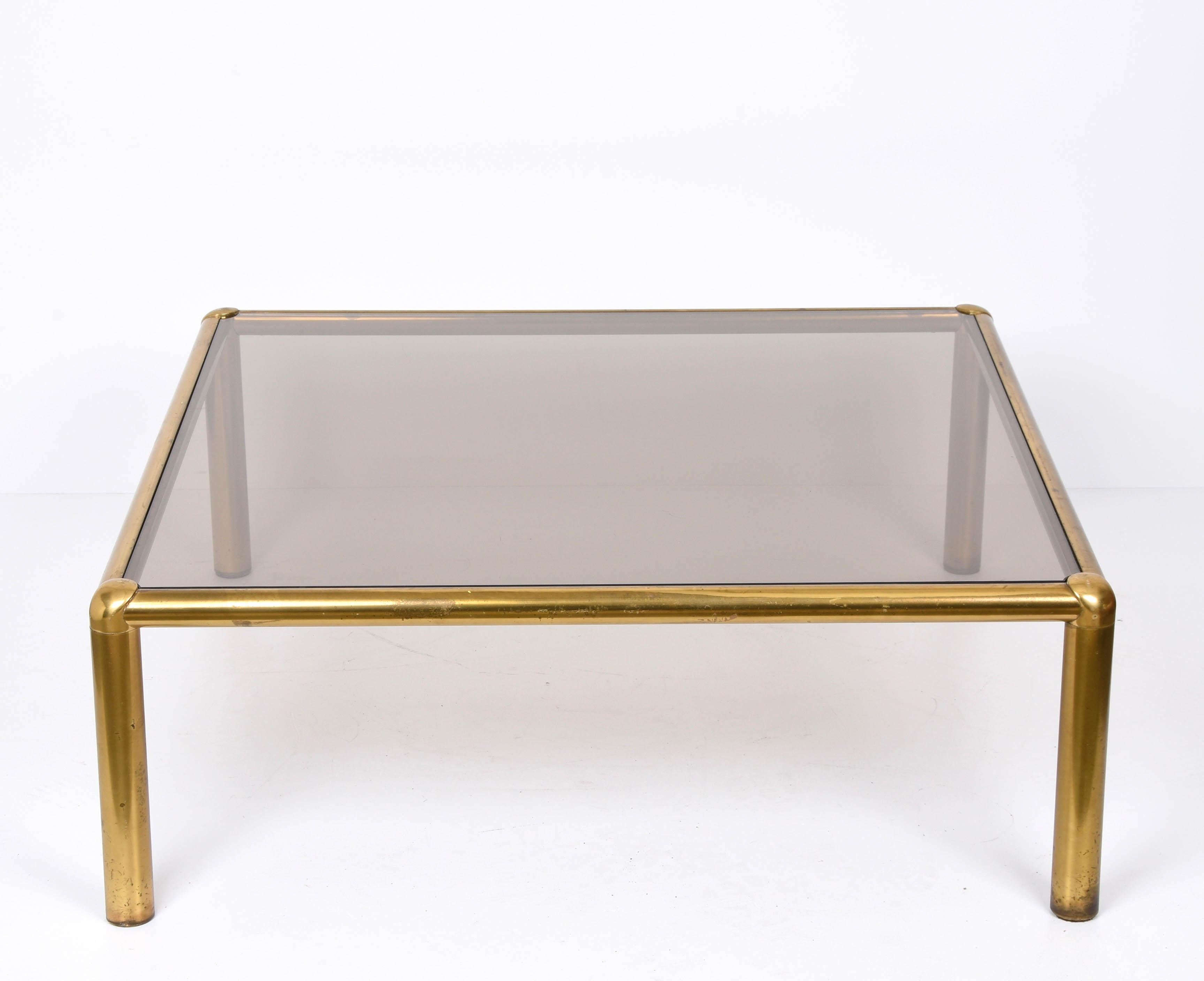 Mid-Century Modern Midcentury Golden Brass and Smoked Glass Squared Italian Coffee Table, 1980s