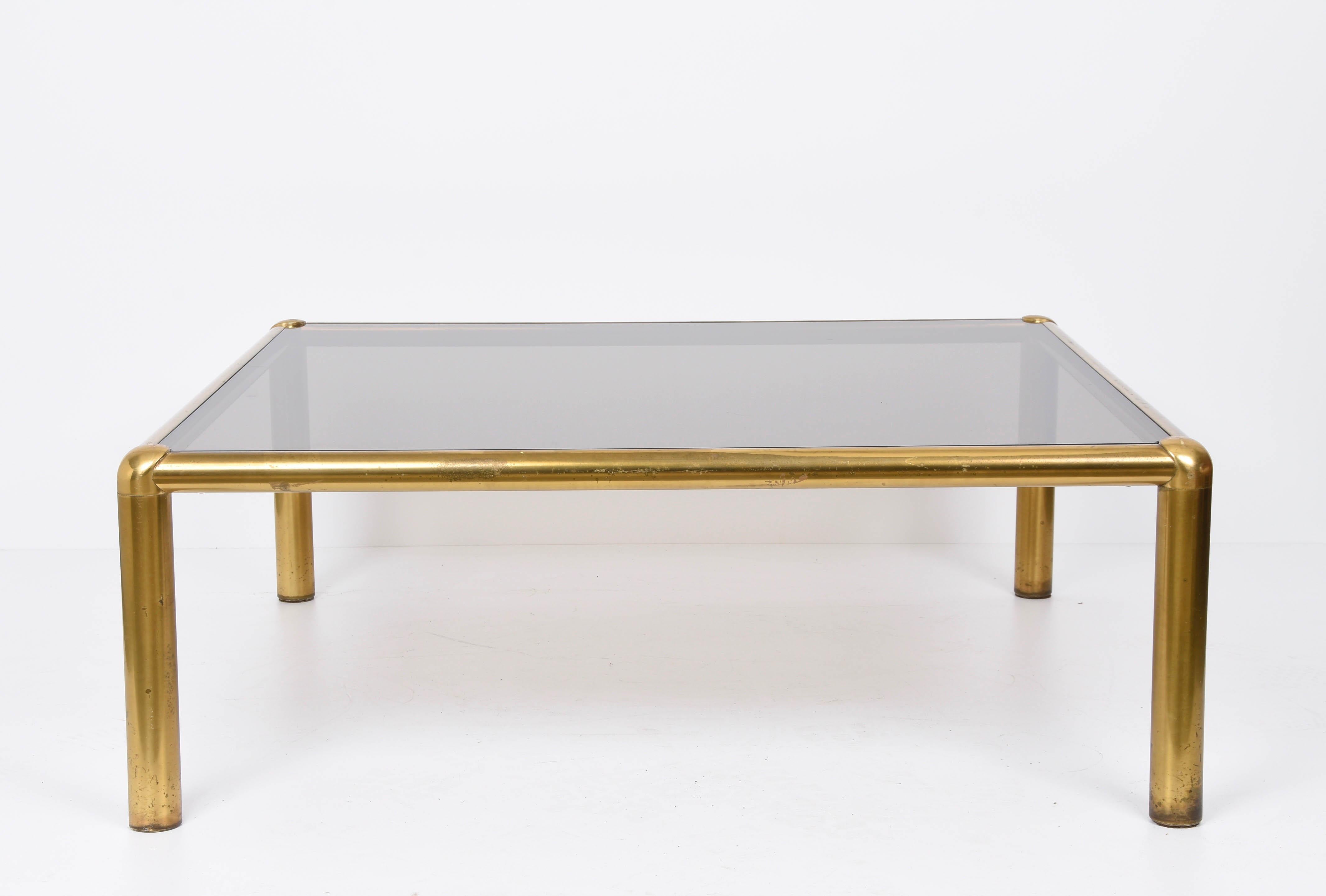 Midcentury Golden Brass and Smoked Glass Squared Italian Coffee Table, 1980s 1