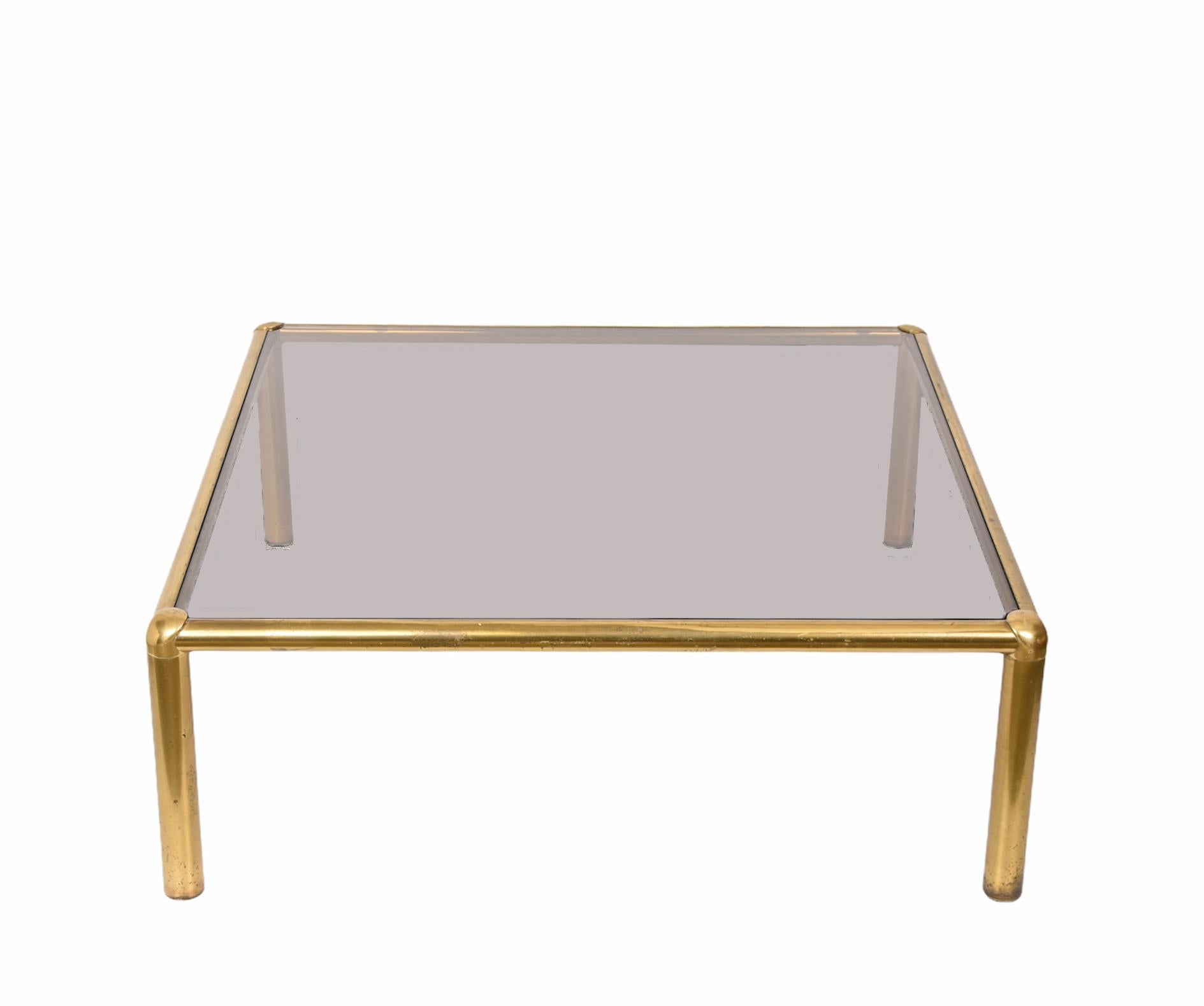 Midcentury Golden Brass and Smoked Glass Squared Italian Coffee Table, 1980s 2