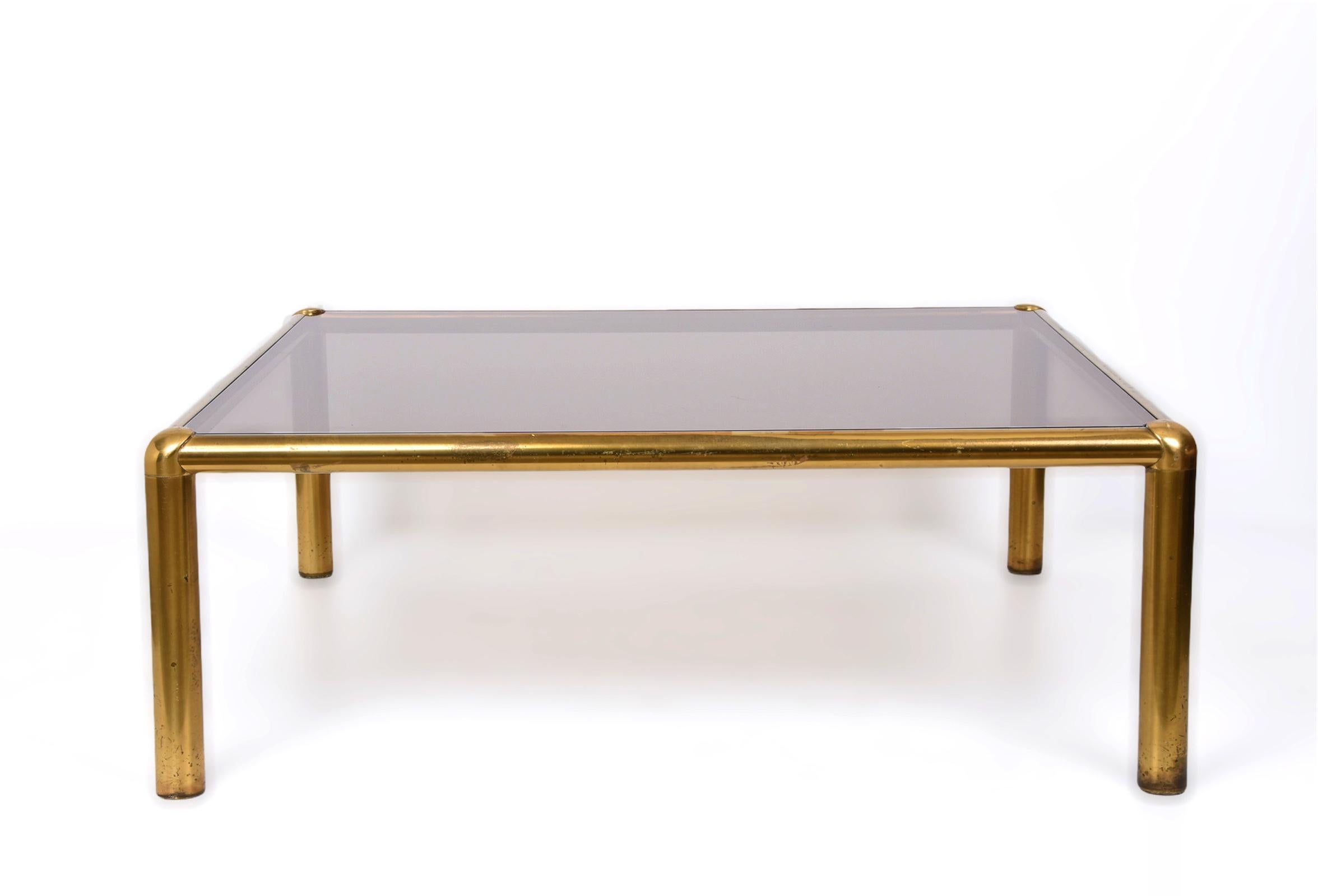 Midcentury Golden Brass and Smoked Glass Squared Italian Coffee Table, 1980s 3