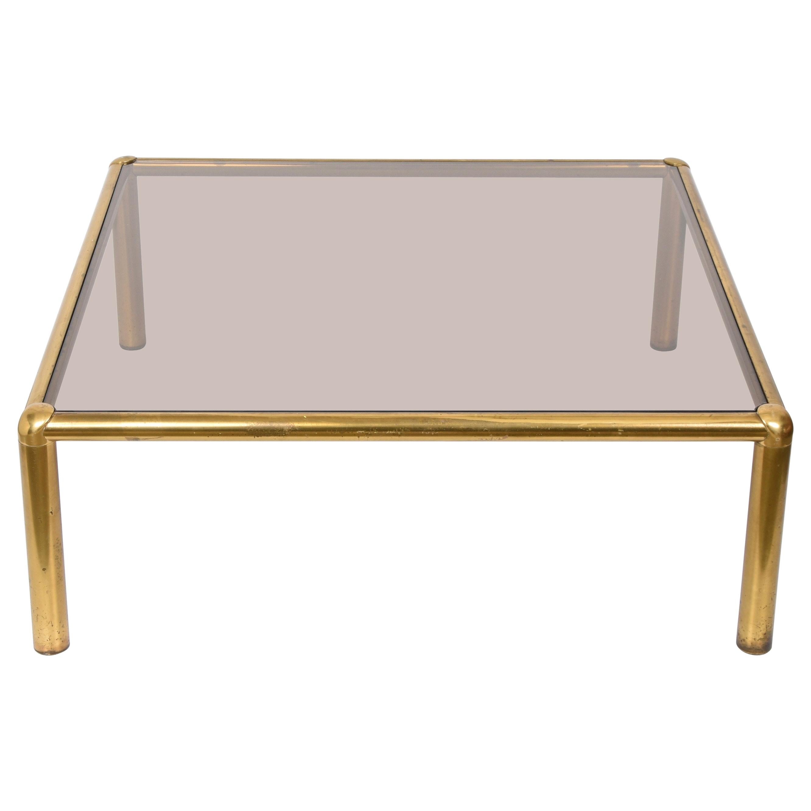 Midcentury Golden Brass and Smoked Glass Squared Italian Coffee Table, 1980s