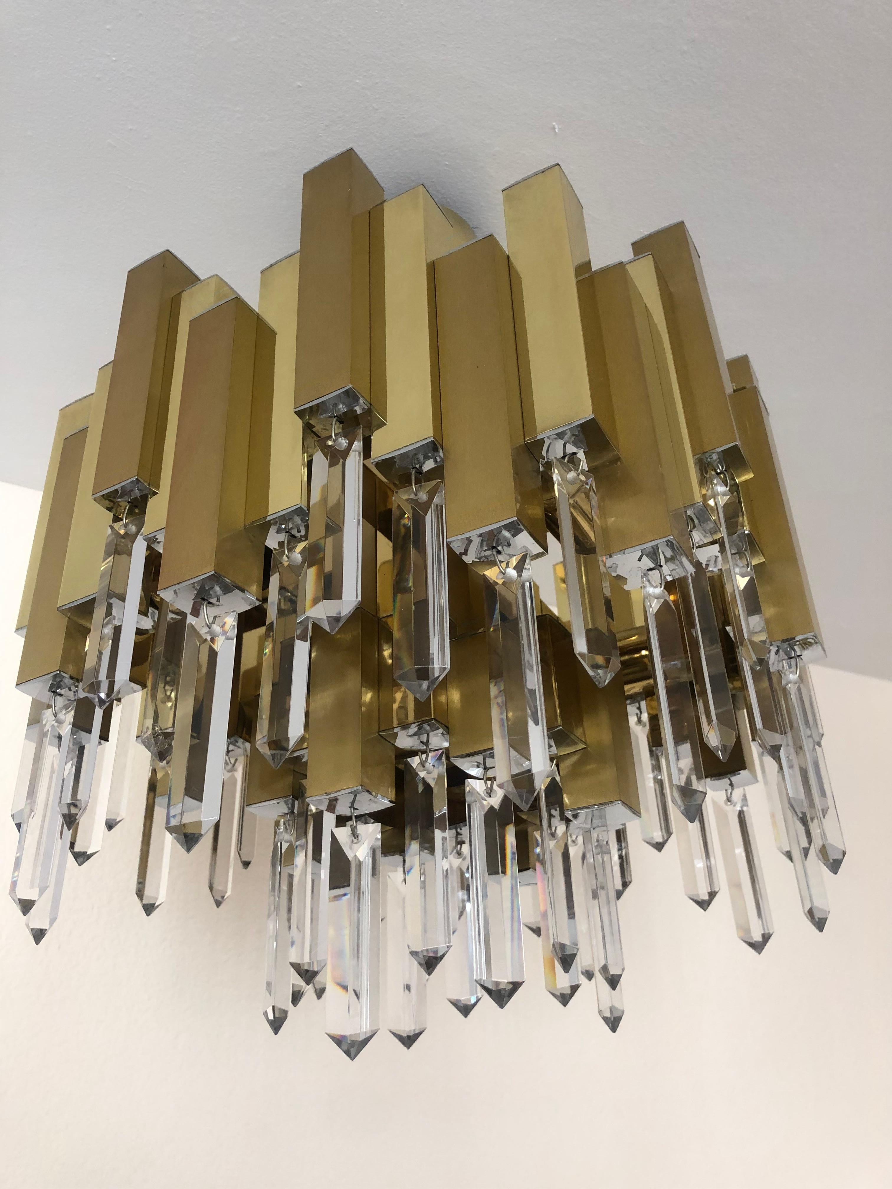 Midcentury Golden Brass Prism Crystals Chandelier by Lumica, Barcelona, 1970s For Sale 7