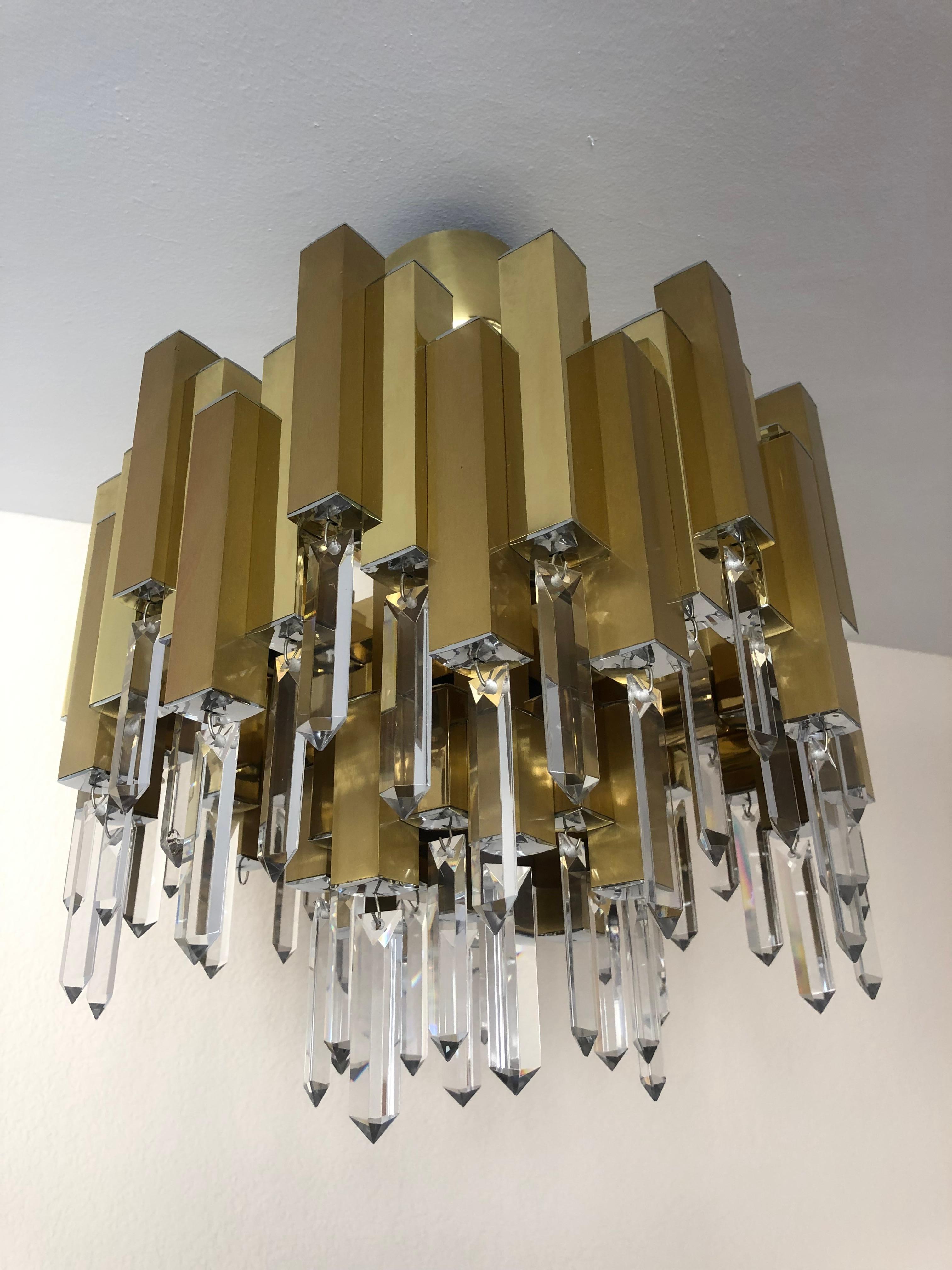 Spanish Midcentury Golden Brass Prism Crystals Chandelier by Lumica, Barcelona, 1970s For Sale