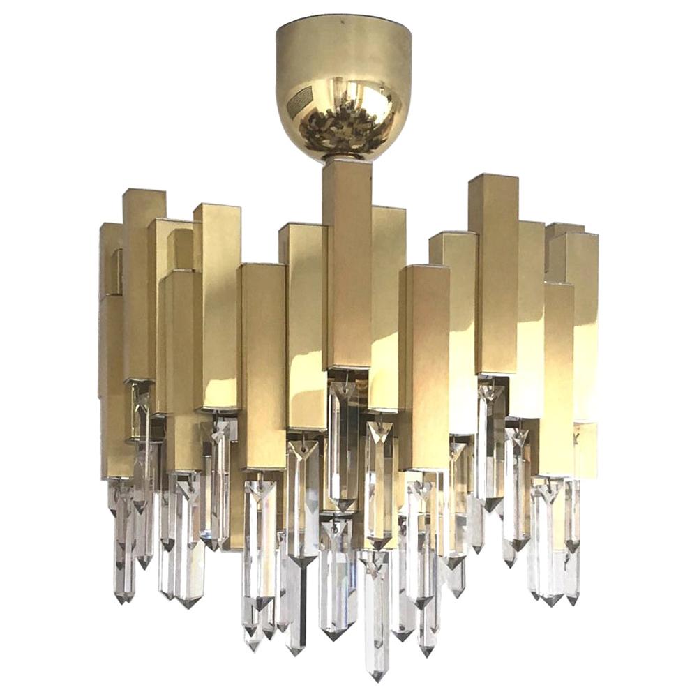 Midcentury Golden Brass Prism Crystals Chandelier by Lumica, Barcelona, 1970s For Sale