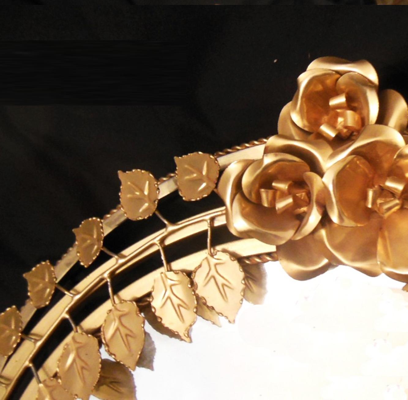 Mid-Century Modern Mid-Century Golden Mirror Decorated with Leaves & Roses, Spain 1960s Illuminated